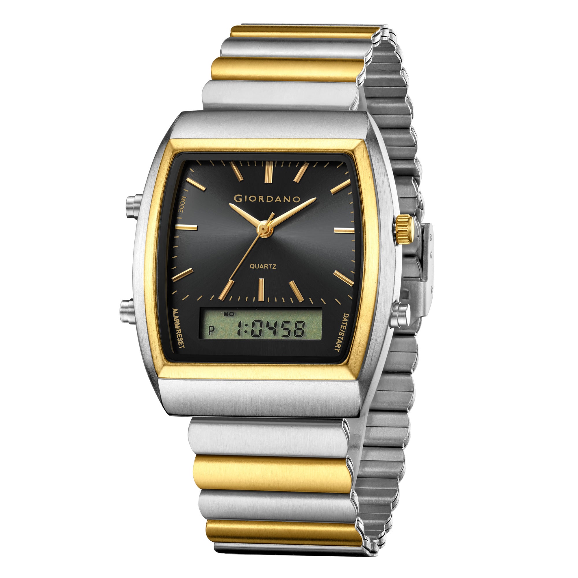Giordano Analog Digital Watch for Men with Square Black Dial, Day Function, Silver and Gold Stainless Steel Strap - GZ-50207-33