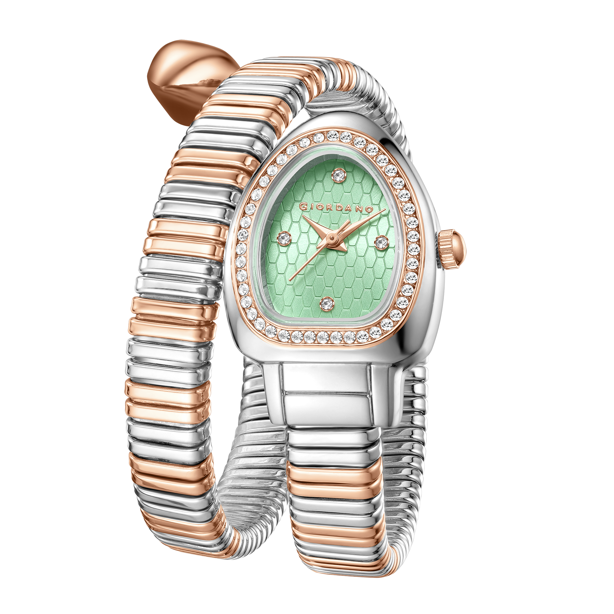 Giordano Serpentine Collection Analog Quartz Watch for Women with Green Honeycomb-Textured Dial, Crystal Bezel & Markers, Snake-Style Wrap-Around Two-Tone Stainless Steel Strap - GZ-60188-22