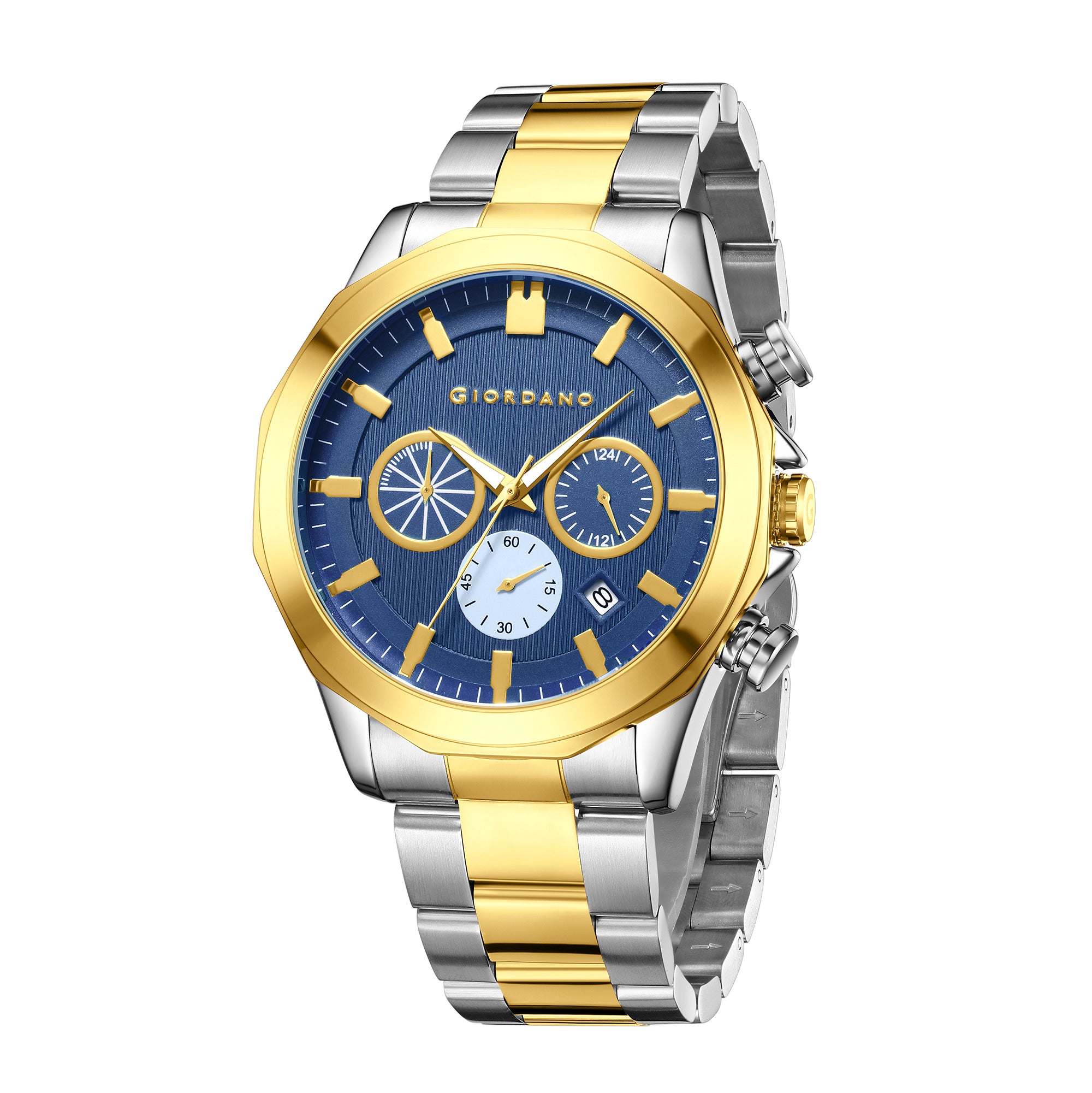 Giordano Analog Quartz Watch for Men with Round Blue Textured Dial, Multifunction Sub-Dials, Date Display and Silver & Gold Two-Tone Stainless Steel Strap - GZ-50036-55