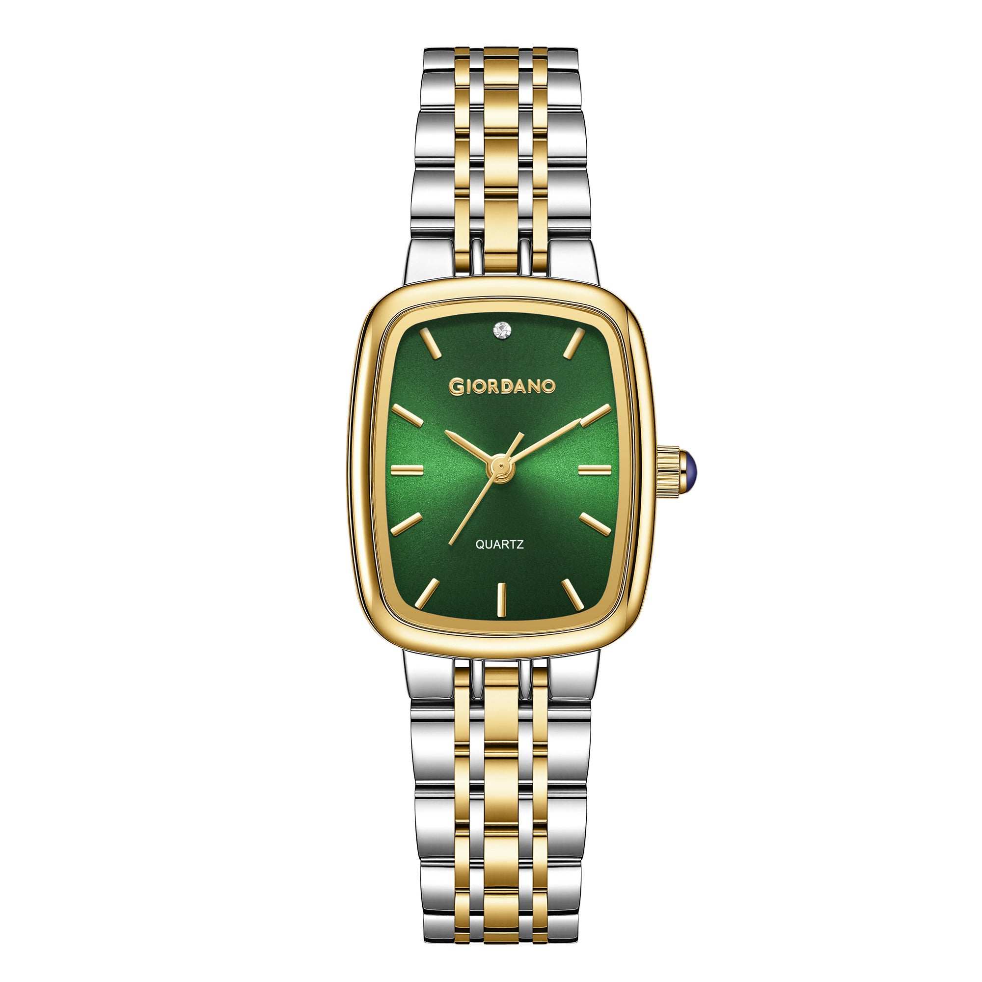 Giordano Analog Quartz Watch for Women with Rectangular Green Dial, Blue Crown, Silver and Gold Stainless Steel Strap - GZ-60150-33