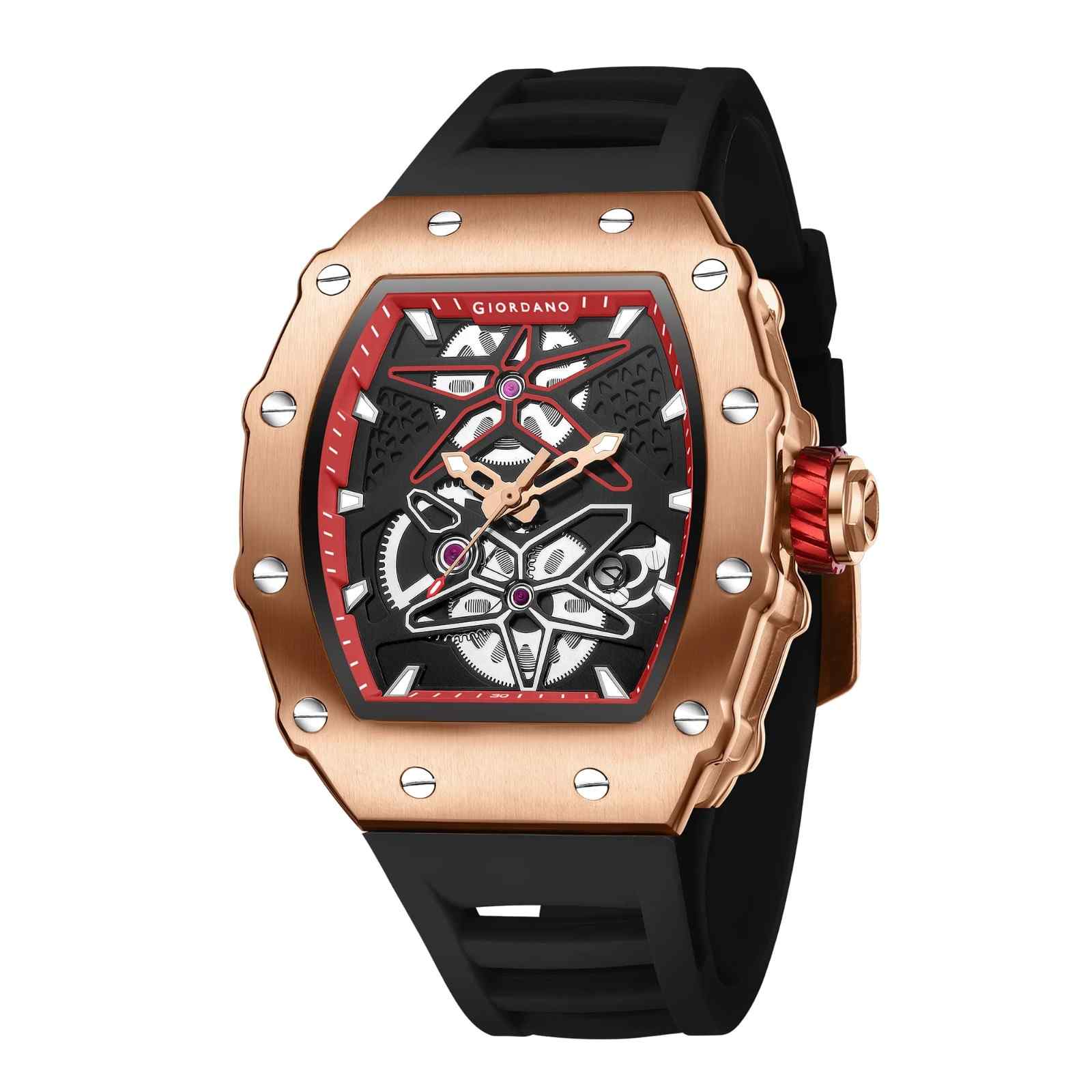 Giordano Analog Skeleton Dial Watch for Men – Tonneau Case, Silicone Strap, Open-Gear Sport Design, Quartz Movement - GZ-50188-22