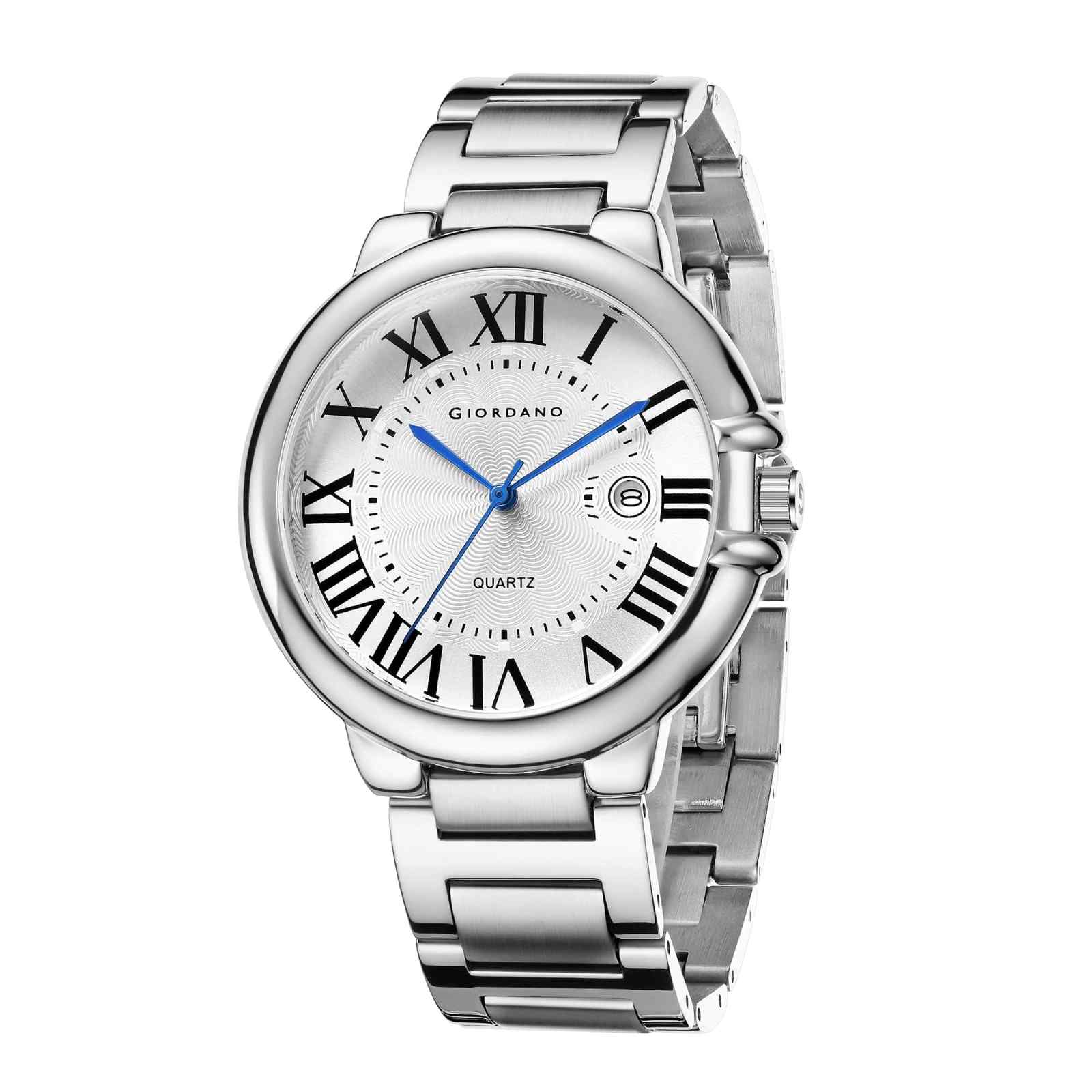 Giordano Analog Quartz Watch for Men – Stainless Steel Strap, Textured Dial with Roman Numerals, Blue Hands, Date Display - GZ-50187-11