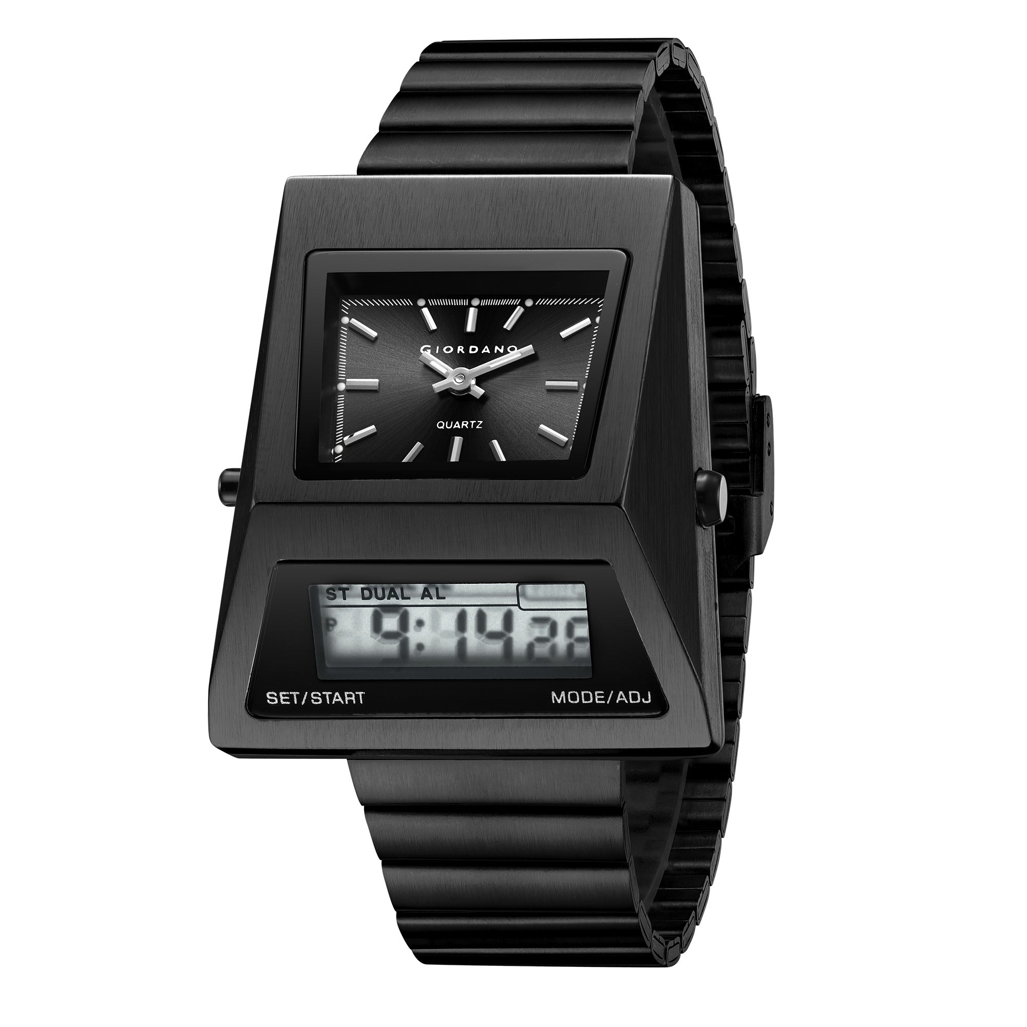 Giordano Analog Digital Watch for Men with Triangle Shape Black Dial, Dual Time Display, Black Stainless Steel Strap - GZ-50205-11