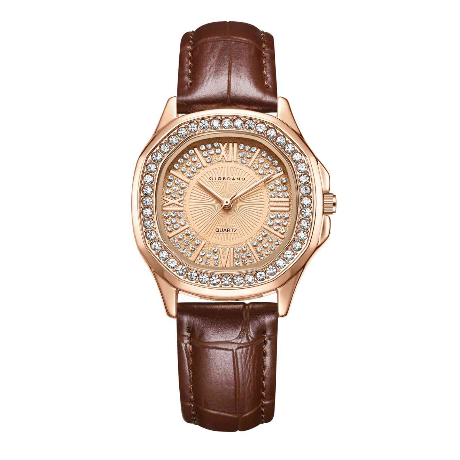 Giordano Luxury Analog Watch for Women with Crystal-Studded Bezel & Leather Strap – Octagonal Case, Elegant Quartz Wristwatch GZ-60141-22