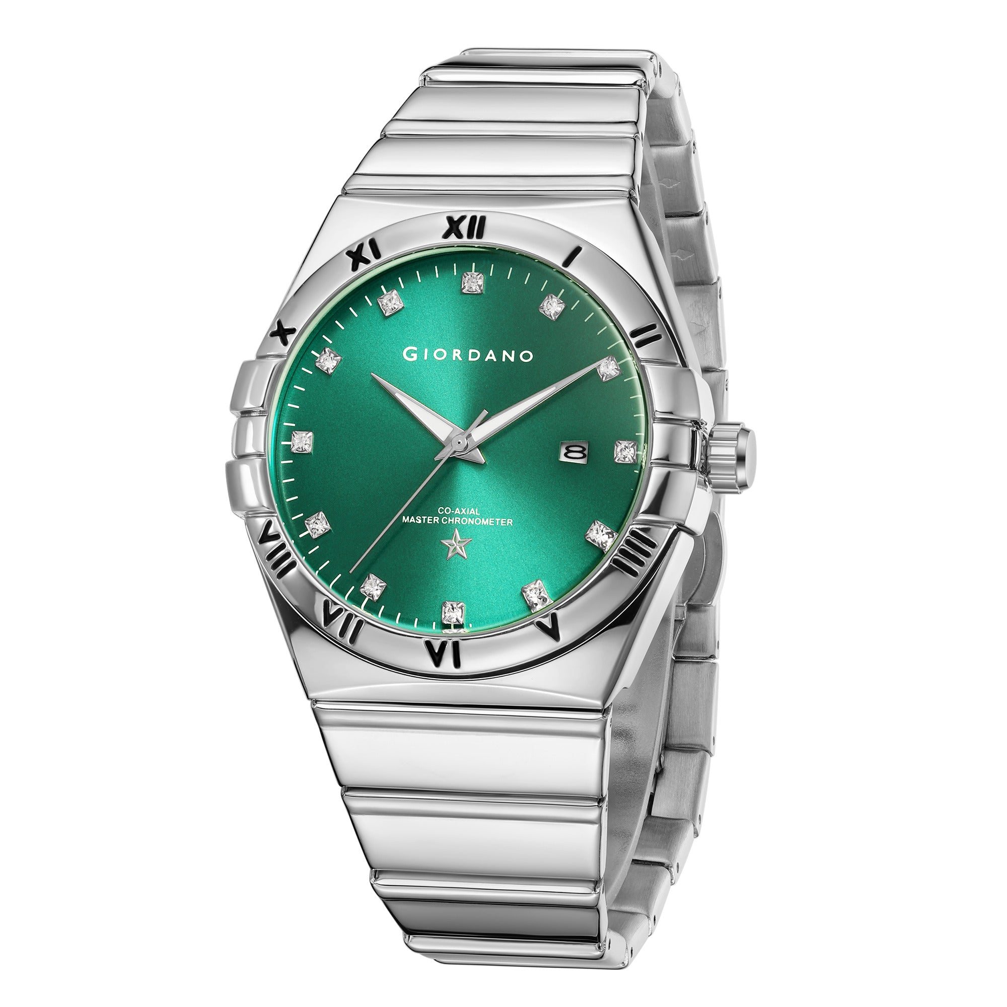 Giordano Analog Watch for Men Round Green Dial with Crystal Markers, Roman Bezel, Date Display & Stainless Steel Strap GZ-50220-22