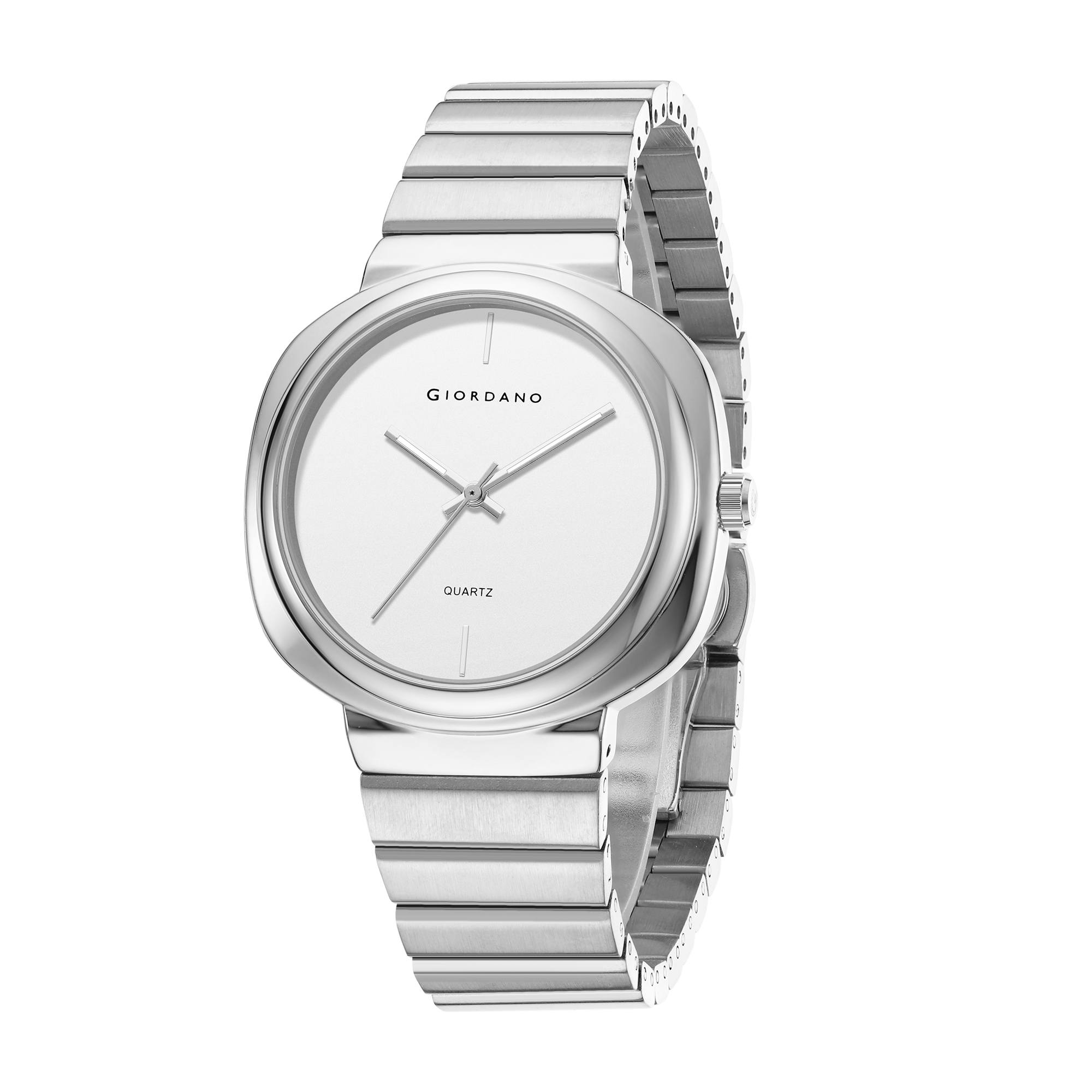 Giordano Analog Quartz Watch for Men with White Round Dial, Baton Hour Markers and Silver Stainless Steel Expansion Bracelet Strap - GZ-50233-22