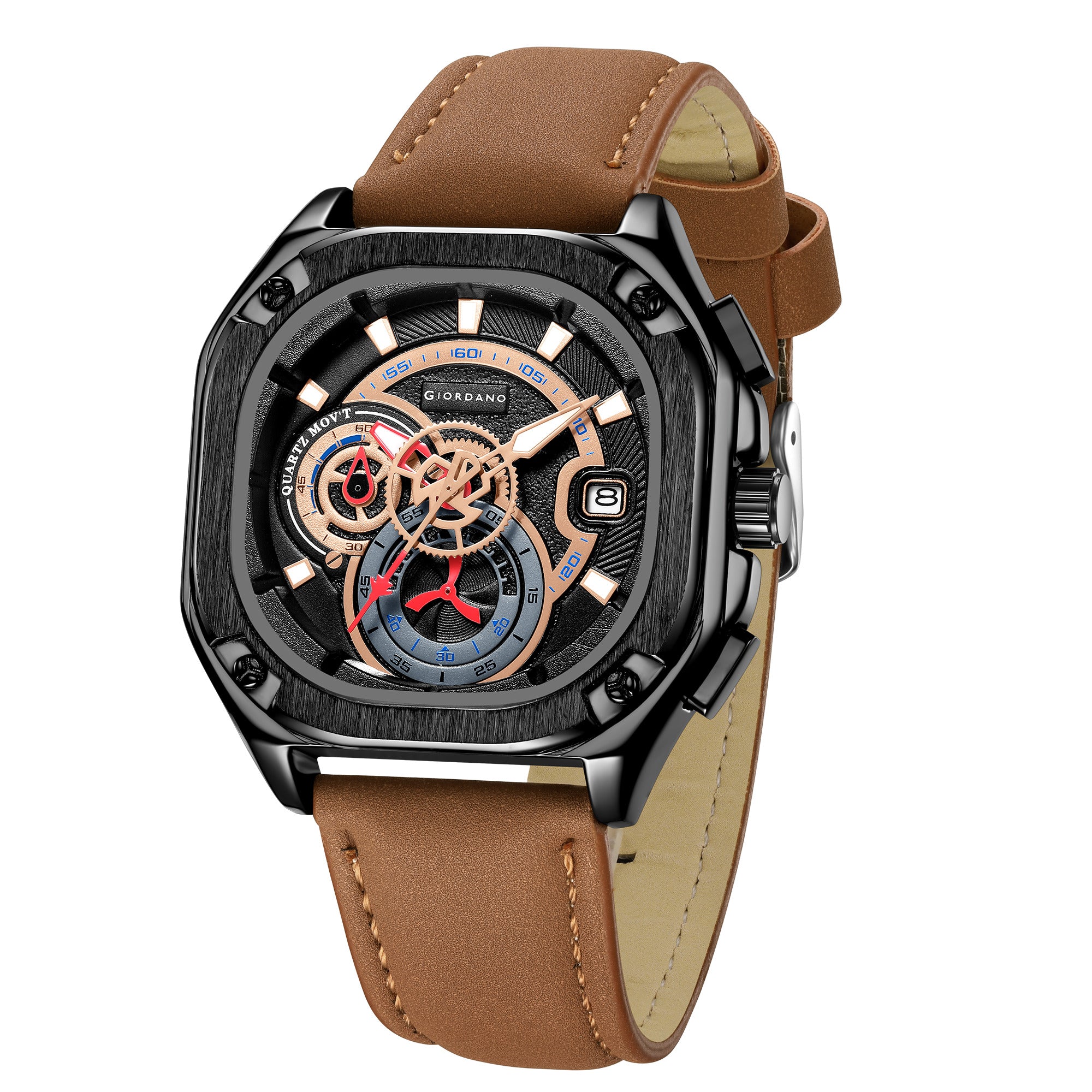 Giordano Analog Quartz Watch for Men – Multi-Dial Chronograph Style with Gear Dial Design, Octagon Case, Leather Strap & Date Display, Casual Sports Watch - GZ-50156-01