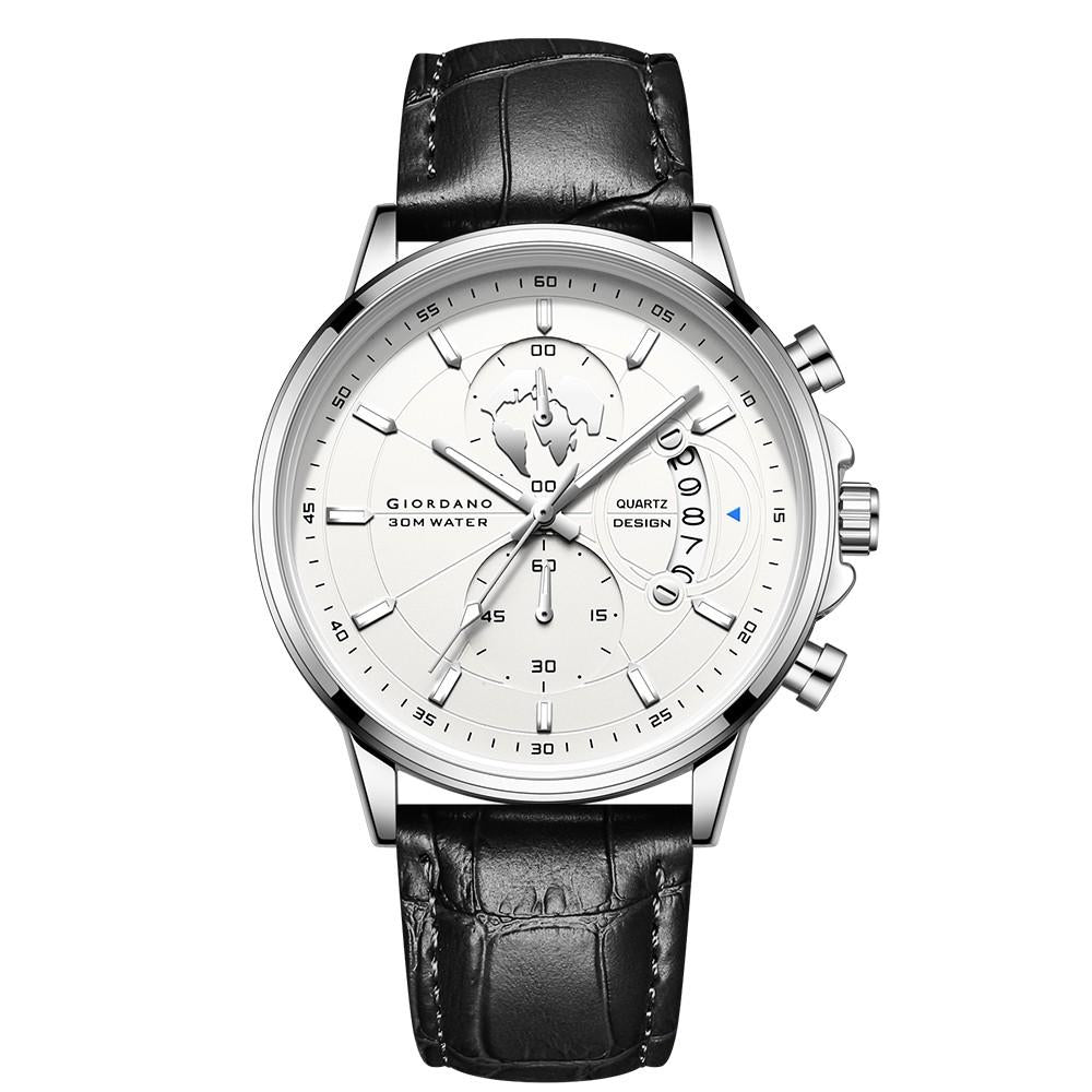 Giordano Mutifunction Watch for Men with Round Silver Dial, Date Display and Black Leather Strap GZ-50165-01