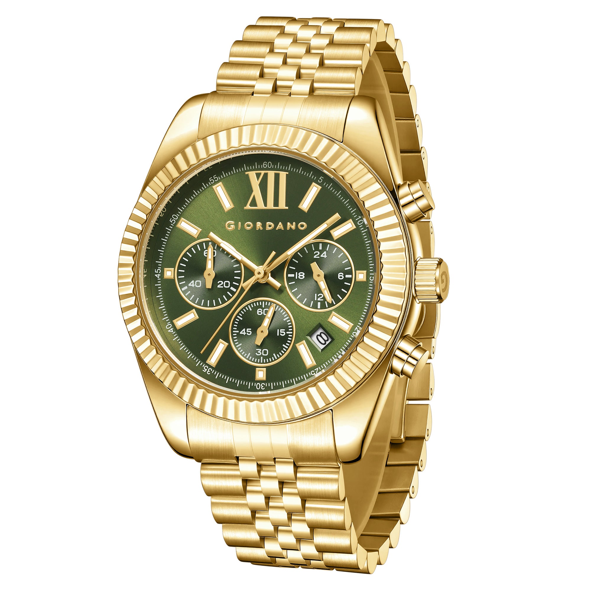 Giordano Chronograph Analog Quartz Watch for Men with Round Green Dial, Roman indices, Date Function, Luminos hands and Markers, Gold Stainless Steel Strap - GZ-50217-33