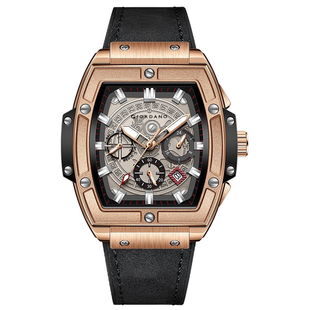 जिओडैनो टर्मिनेटर पुरुषों की रोज़ गोल्ड लेदर मल्टीफंक्शन वॉच - डे, डेट और 24-घंटे सब-डायल के साथ | पुरुषों के लिए वाटर रेसिस्टेंट स्क्वायर डायल यूनिक डिज़ाइन रिस्ट वॉच | GZ-50098-02