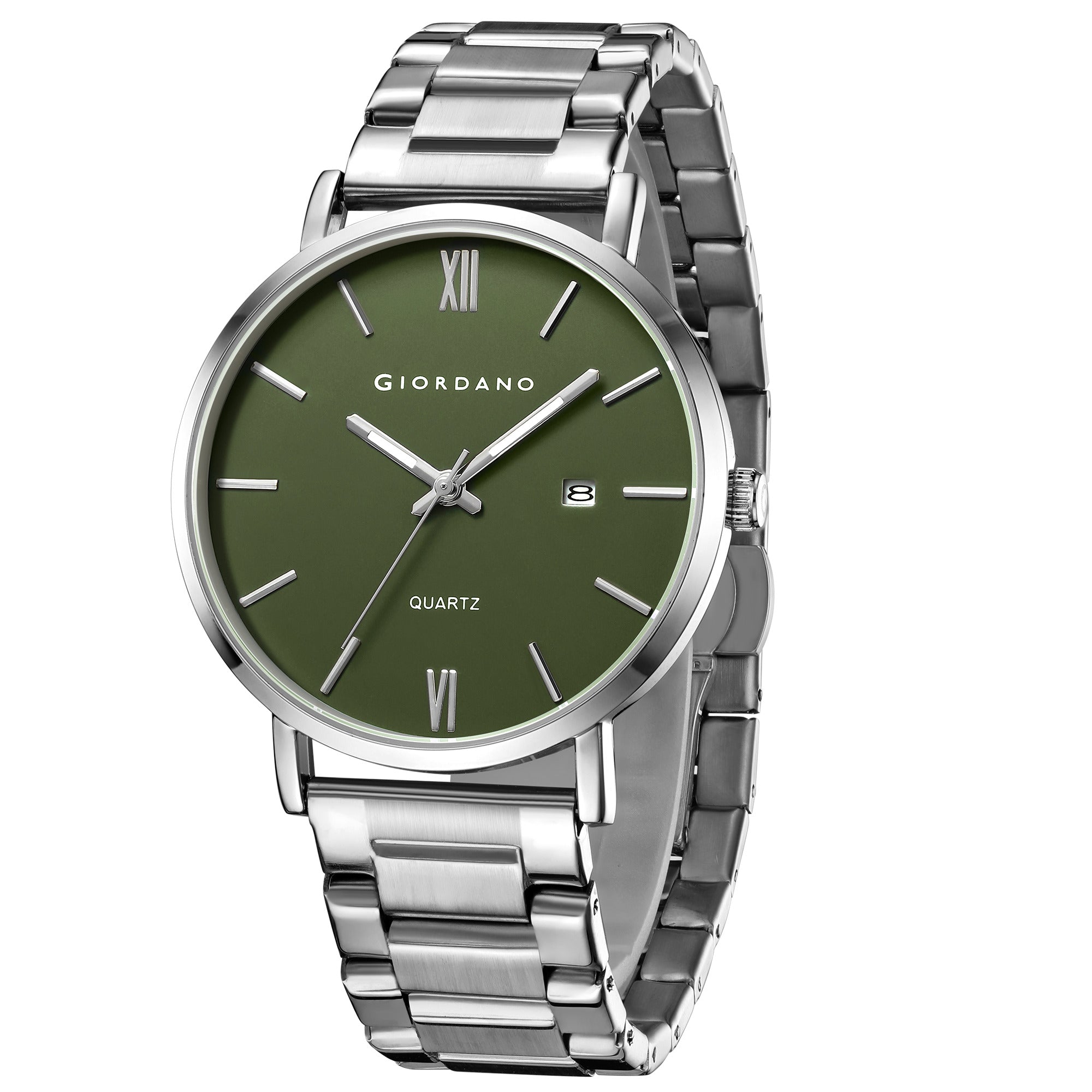 Giordano Analog Quartz Watch for Men with Round Green Dial, Roman Indices, Date Function, Luminous Hands, Silver Stainless Steel Strap - GZ-50211-22