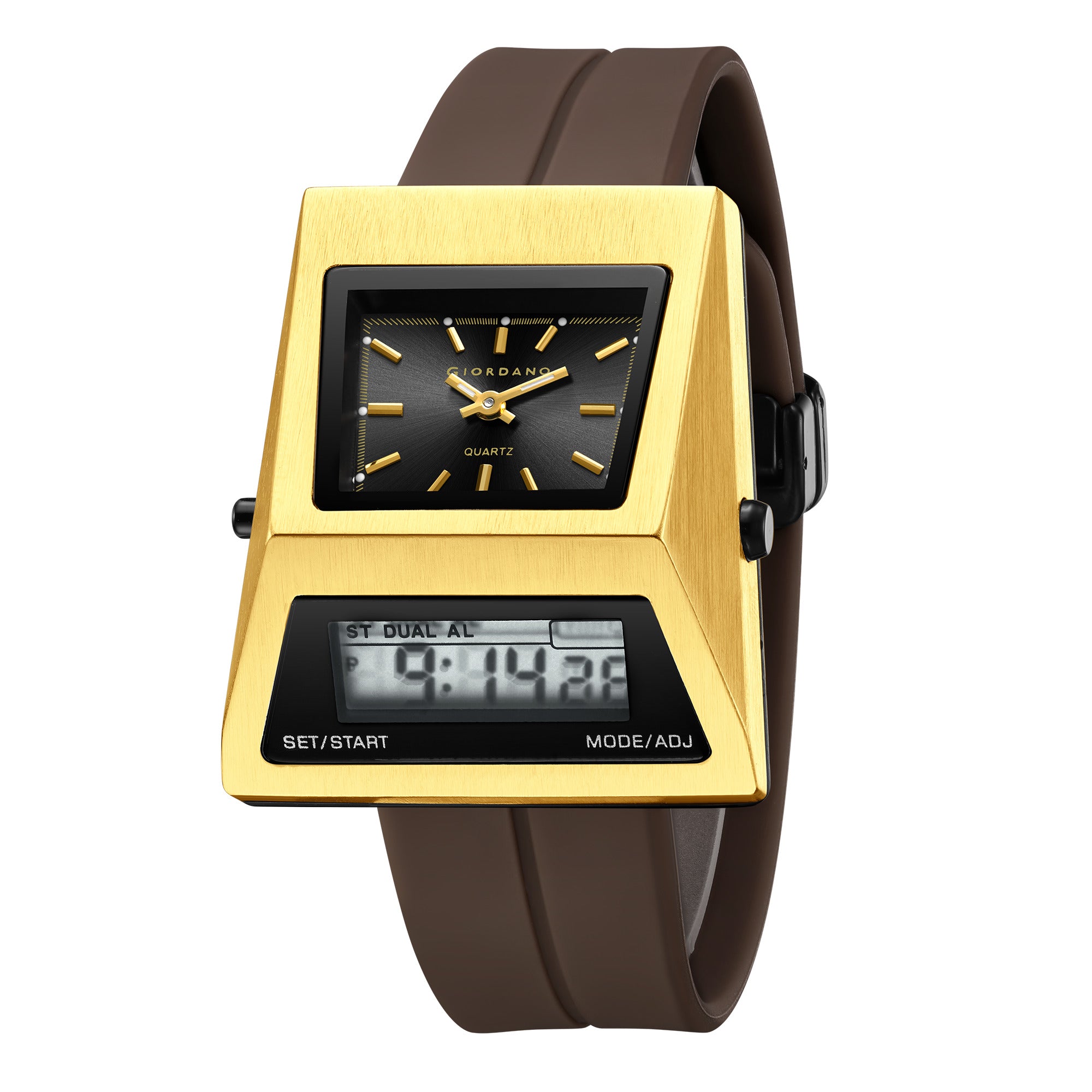 Giordano Analog Digital Watch for Men with Triangle Shape Black Dial, Dual Time Display, Brown Silicone Strap - GZ-50205-02