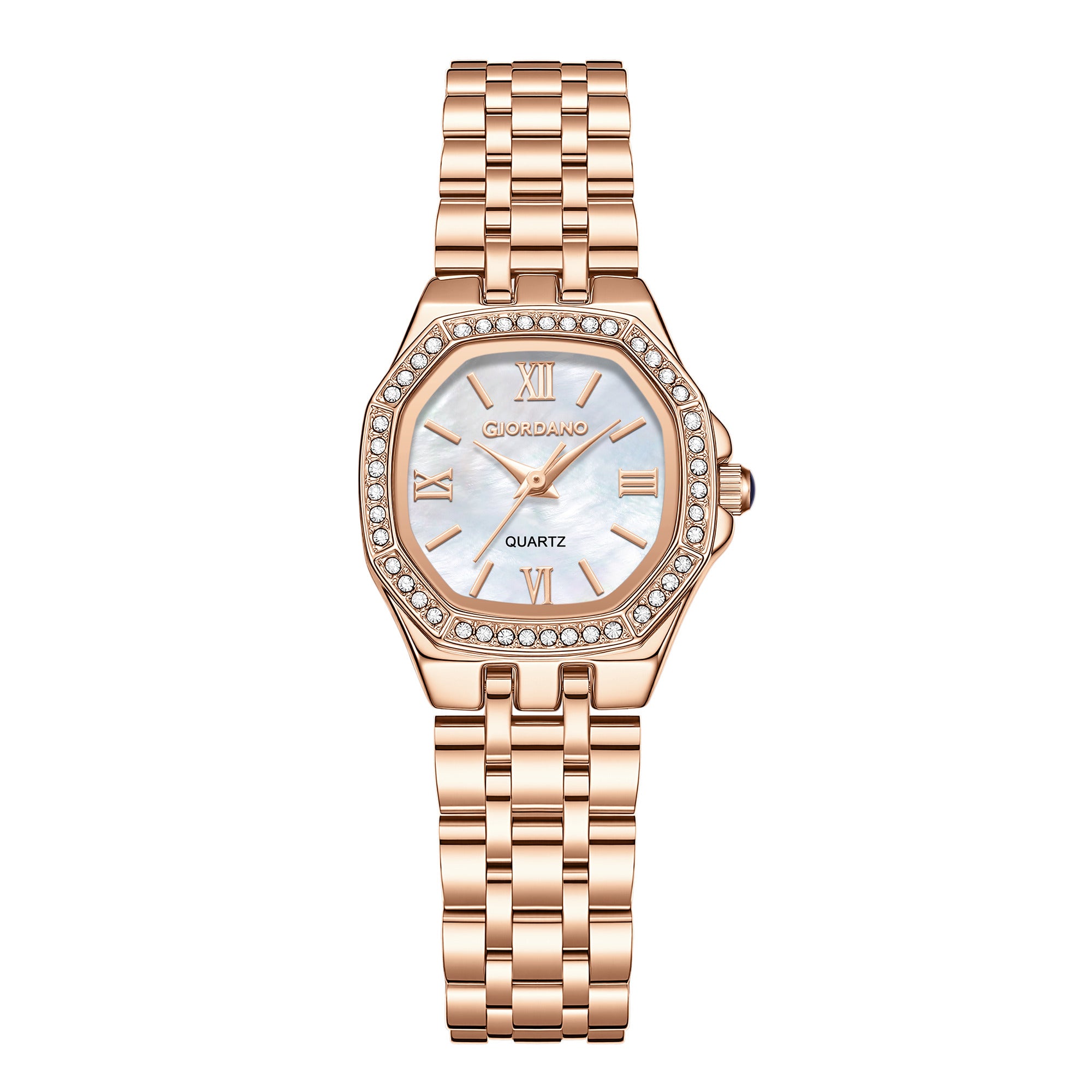 Giordano Analog Watch for Women with White Dial, Crystal Studded Bezel, Roman Indices & Stainless Steel Strap GZ-60162-77