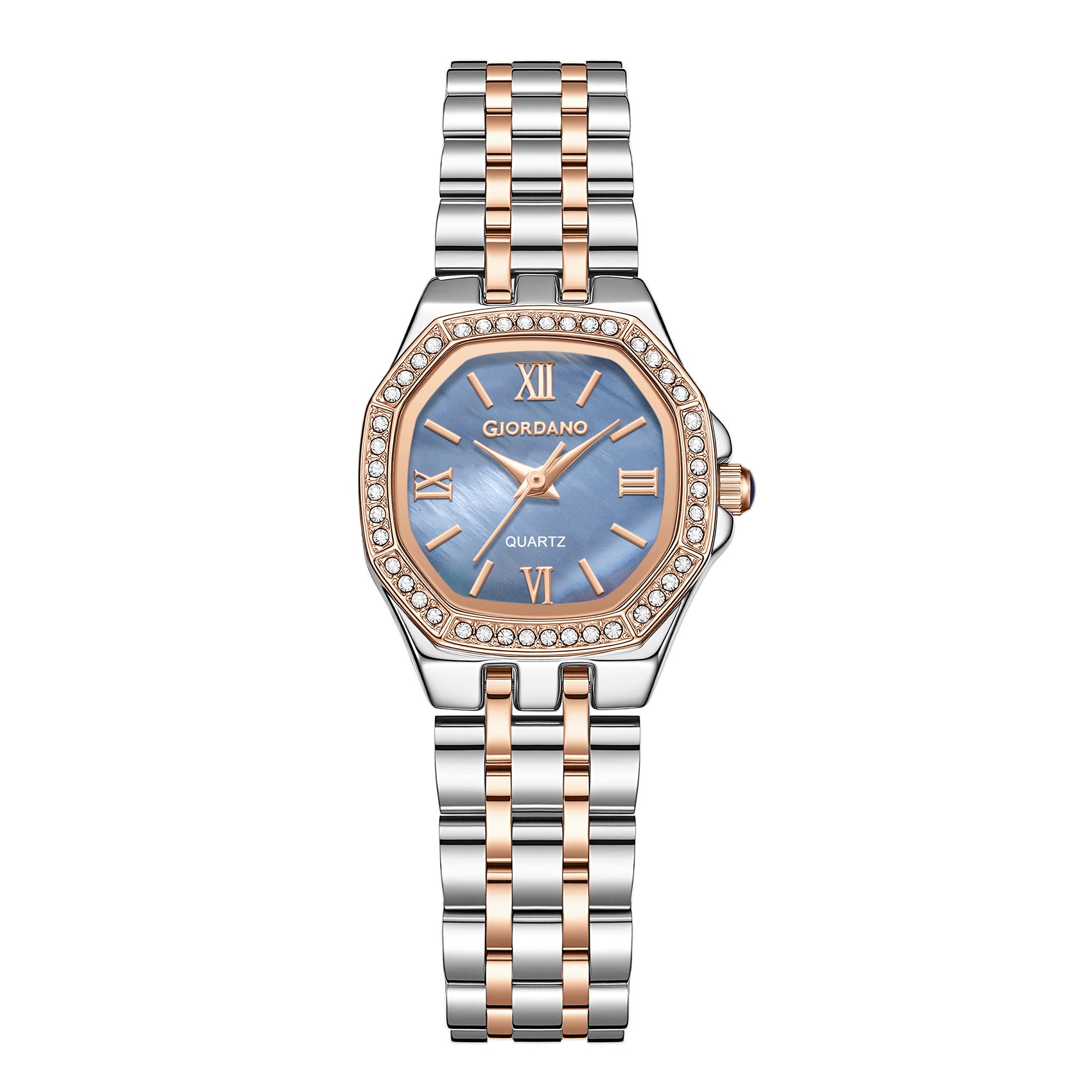 Giordano Analog Quartz Watch for Women with Round Blue Dial, Crystal Studded Bezel, Roman Markers and Stainless Steel Strap - GZ-60162-55