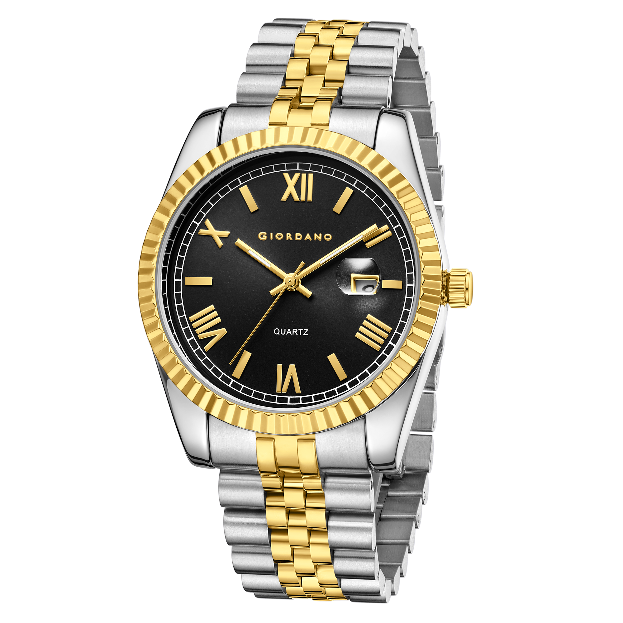 Giordano Analog Quartz Watch for Men with Black Dial, Roman Numeral & Baton Markers, Date Display, Fluted Bezel and Two-Tone Gold & Silver Stainless Steel Strap - GZ-50190-22
