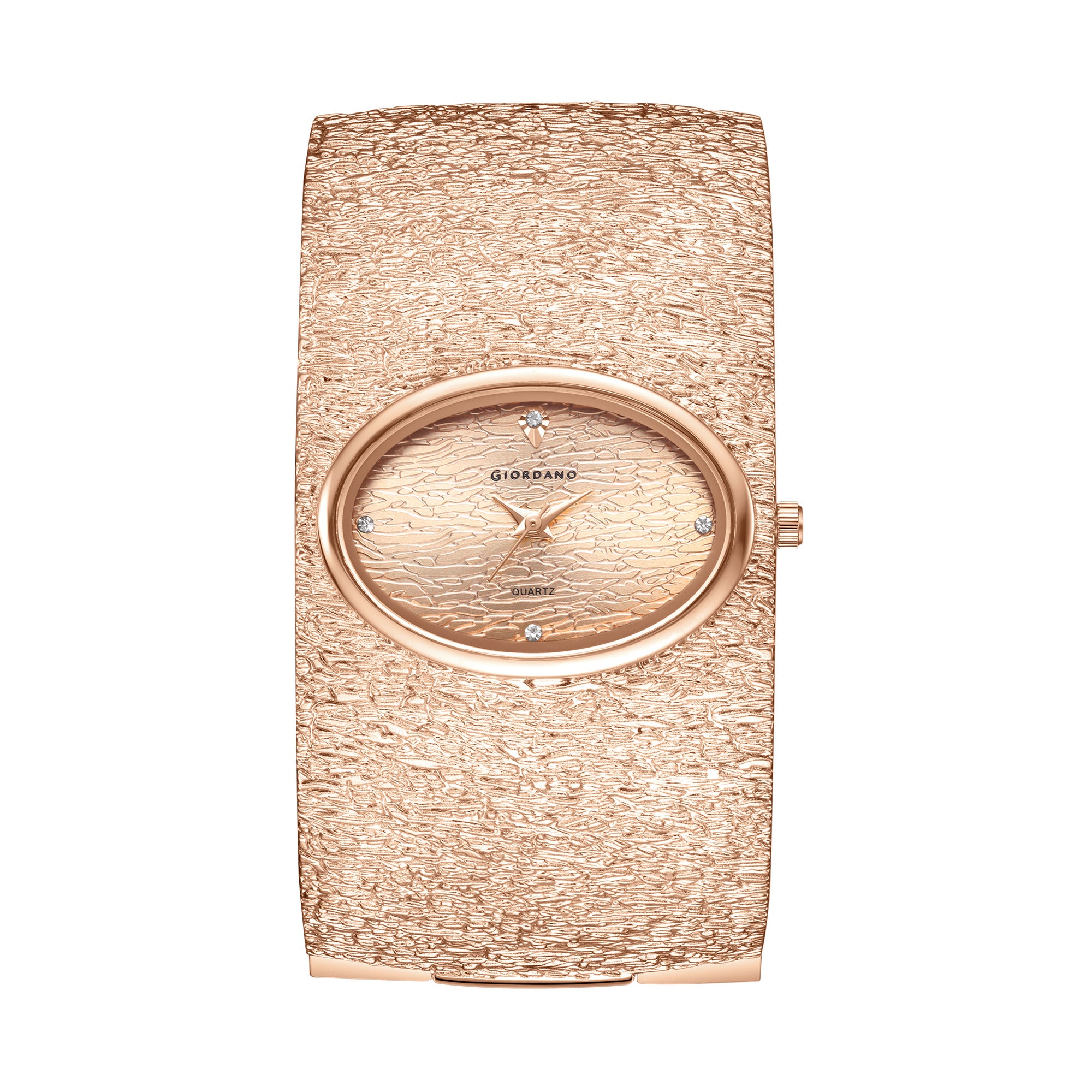 Giordano Analog Quartz Watch for Women with Oval Rose Gold Textured Dial, Crystal Hour Markers, Stainless Steel Bangle Strap - GZ-60171-33