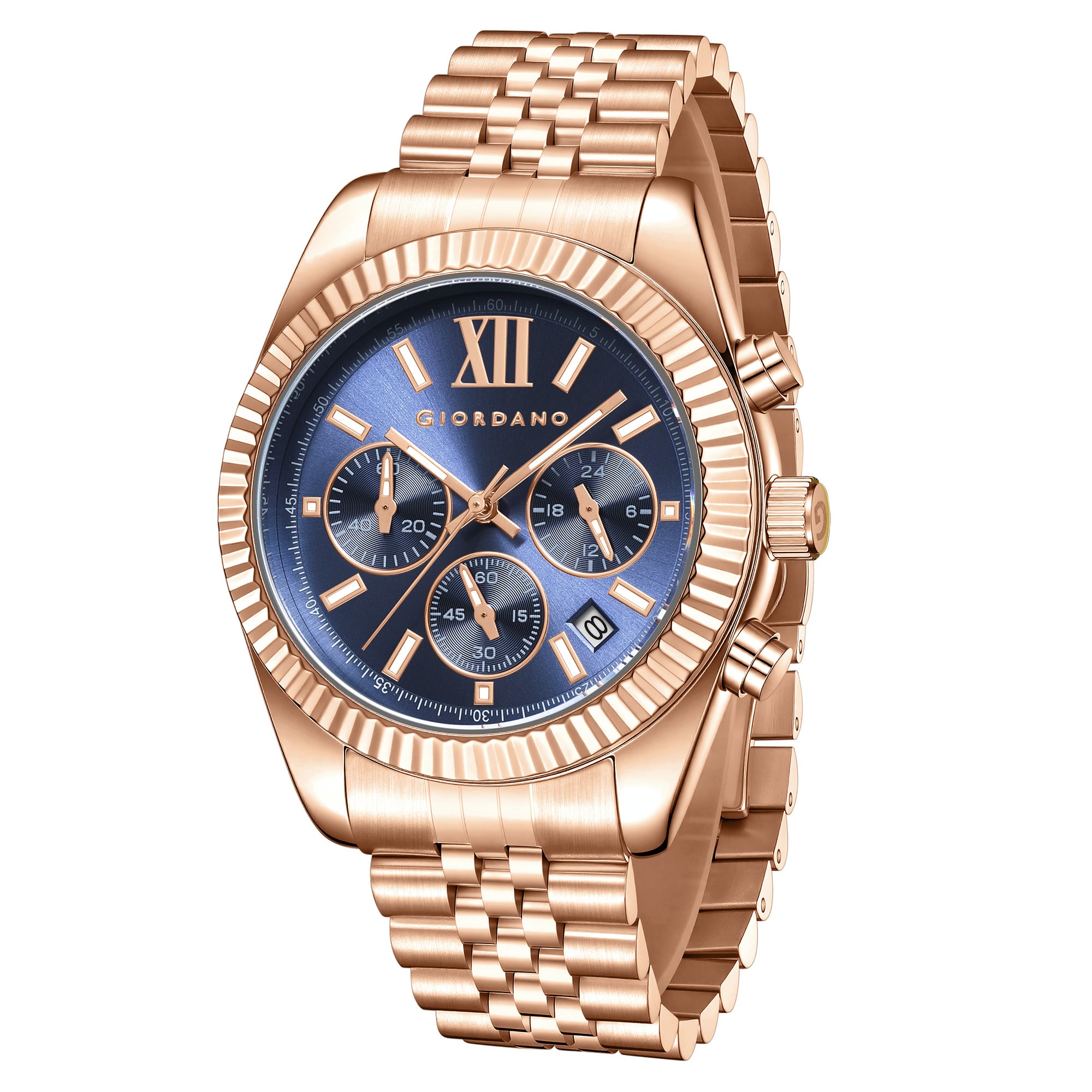 Giordano Chronograph Analog Quartz Watch for Men with Round Blue Dial, Roman indices, Date Function, Luminos hands and Markers, Rose Gold Stainless Steel Strap - GZ-50217-55