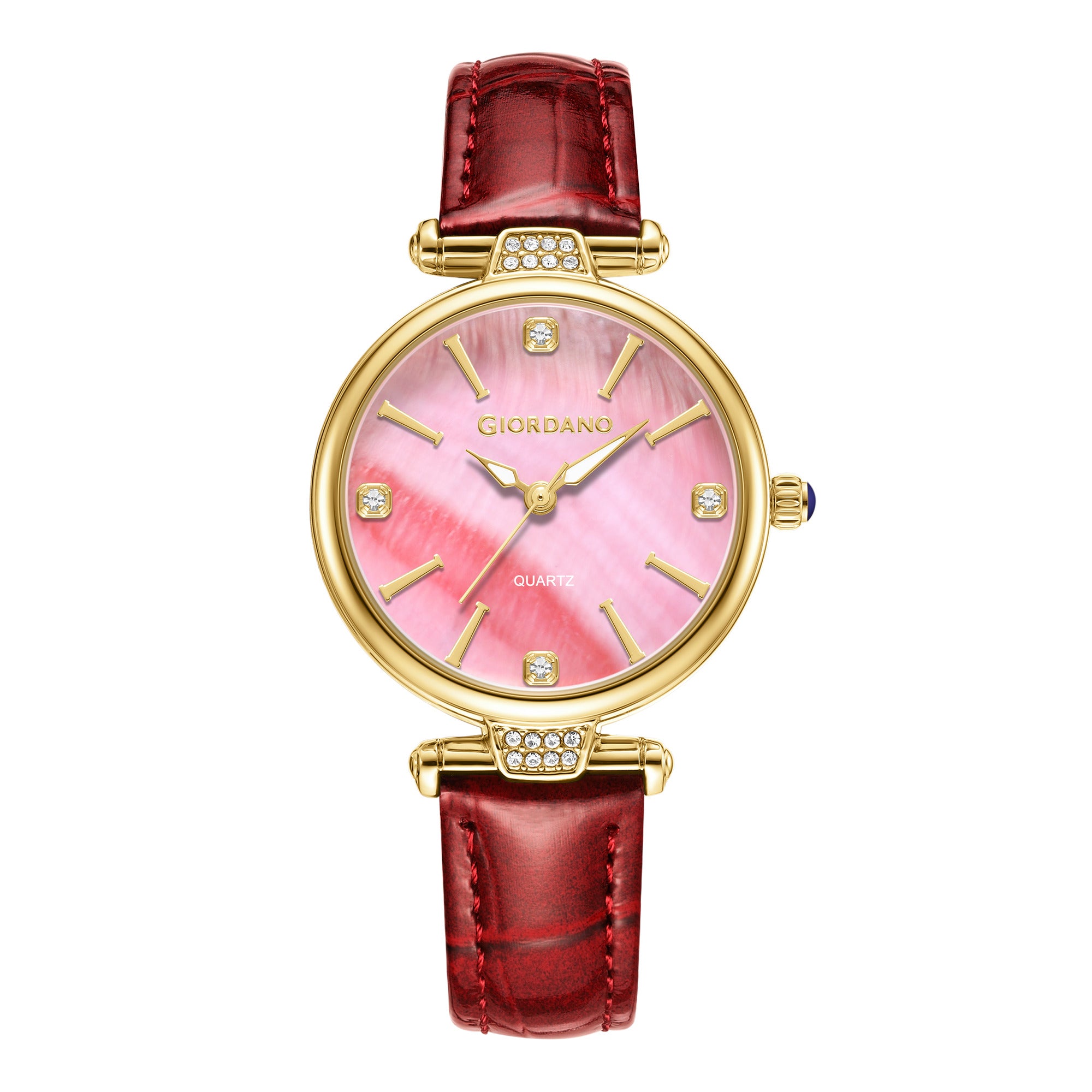 Giordano Analog Quartz Watch for Women with sunray Round Red Dial, Blue Crown, Luminos hands and Crystal hour markers, Red Leather Strap - GZ-60161-04