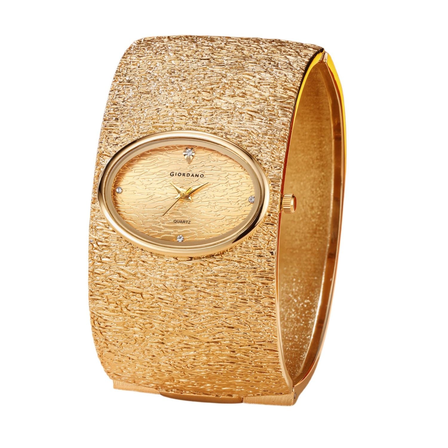 Giordano Analog Quartz Watch for Women with Oval Gold Textured Dial, Crystal Hour Markers, Stainless Steel Bangle Strap - GZ-60171-22