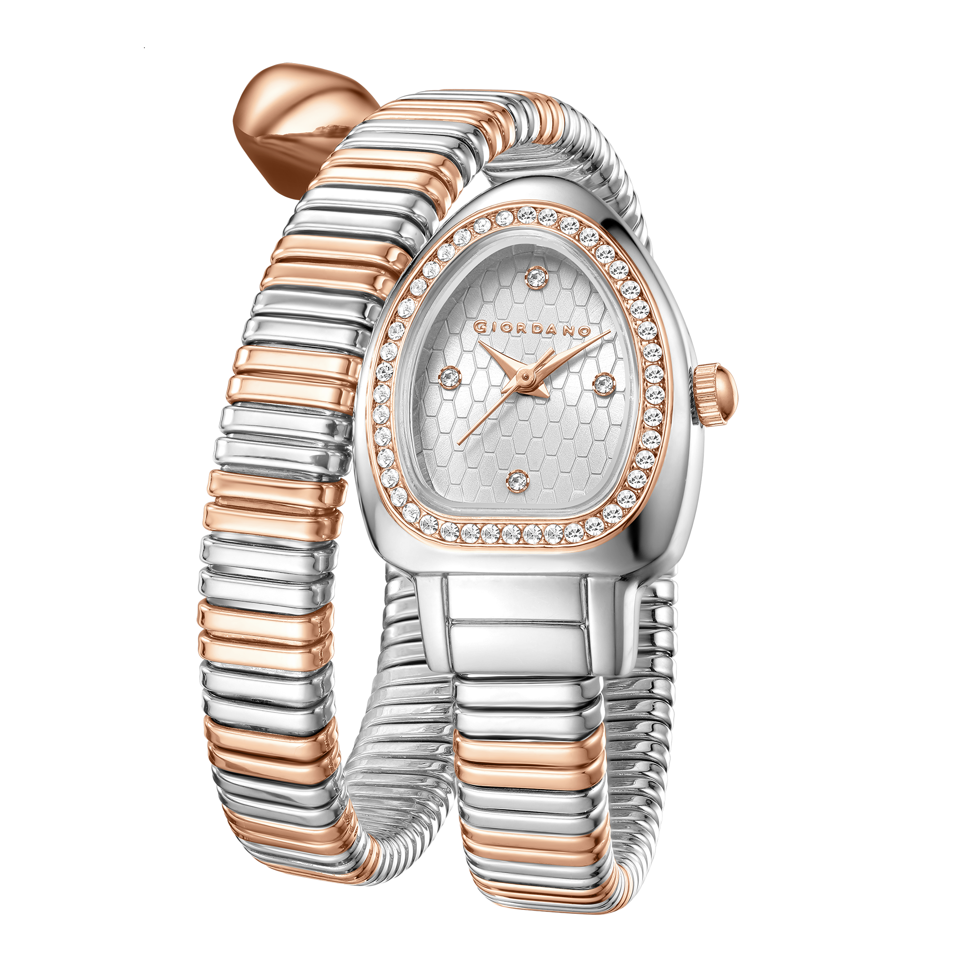 Giordano Serpentine Collection Analog Quartz Watch for Women with Silver Honeycomb-Textured Dial, Crystal Bezel & Markers, Snake-Style Wrap-Around Two-Tone Stainless Steel Strap - GZ-60188-11