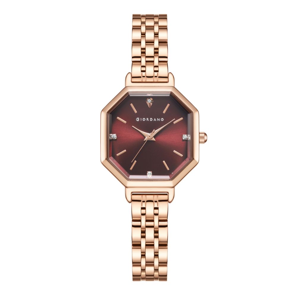 Giordano Analog Watch for Women – Classic octagonal gloss finish Dial with rose gold stainless steel strap | GZ-60113-11