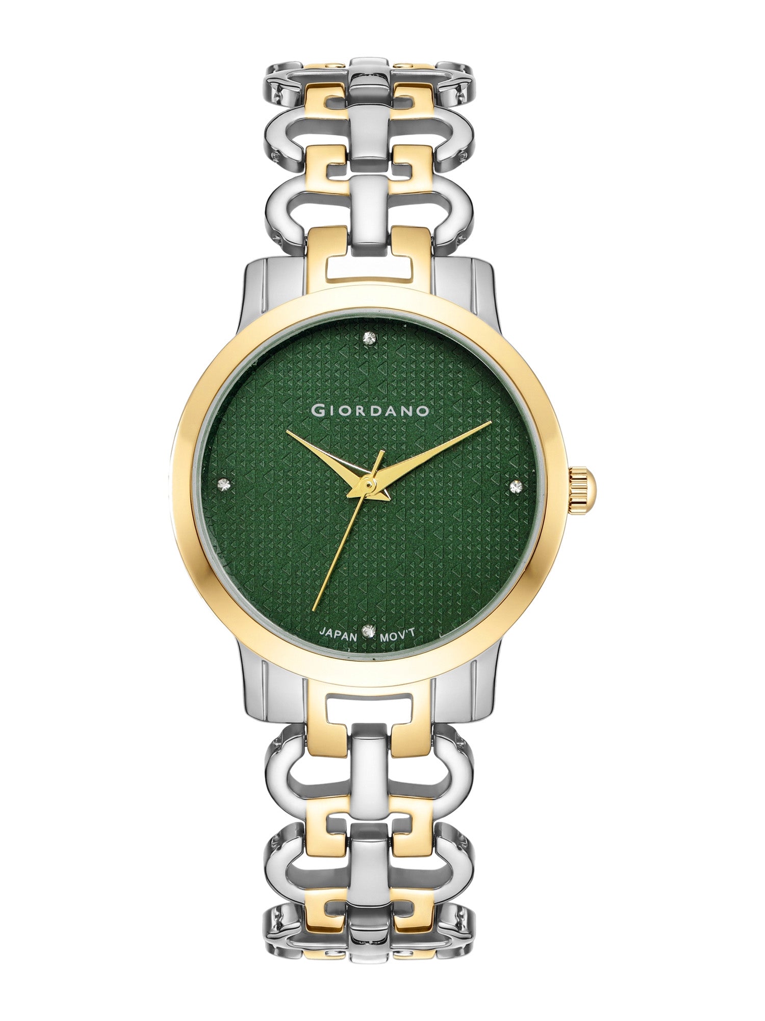 Giordano Analog Quartz Watch for Women with Green Textured Round Dial, Crystal Hour Markers & Gold and Silver Two-Tone Stainless Steel Bracelet Strap - C2204-66