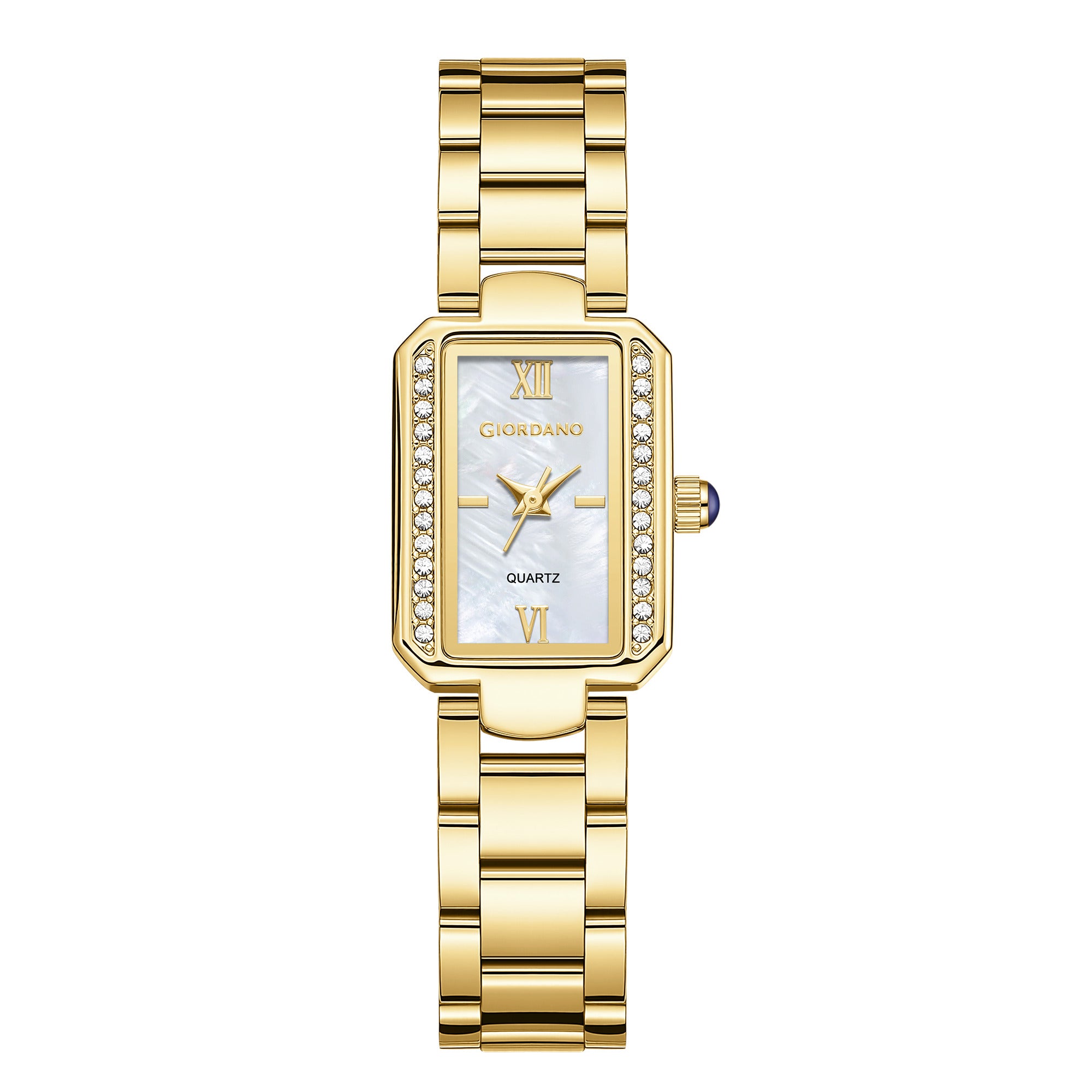 Giordano Analog Quartz Watch for Women with sunray Rectangle White Dial, Roman indices, Crystal studded bezel, Blue Crown, Gold Stainless Steel Strap - GZ-60167-11