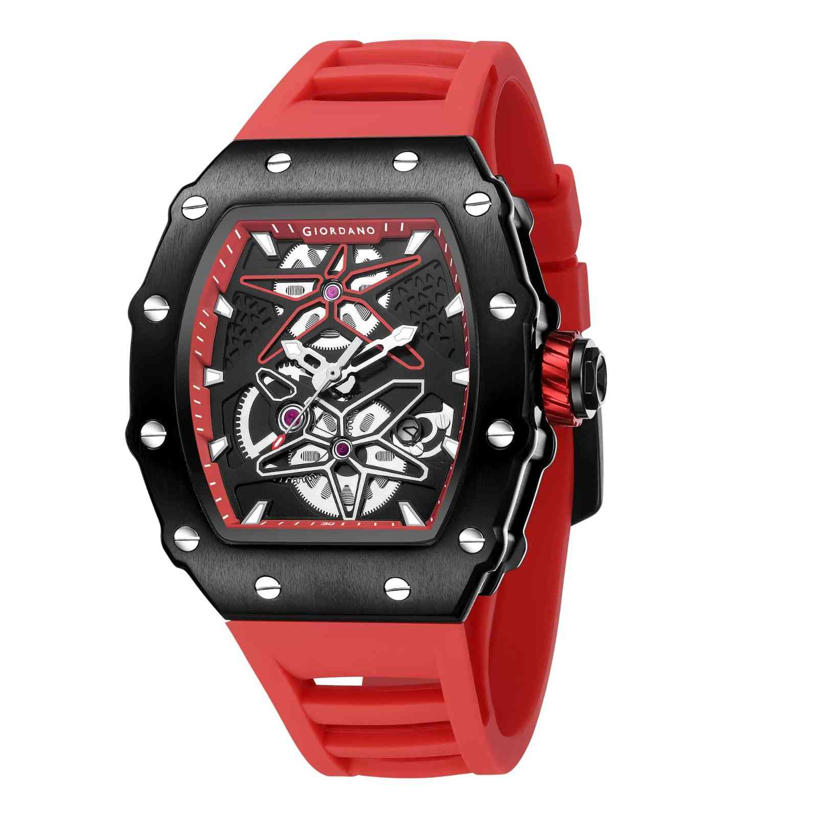 Giordano Analog Skeleton Dial Watch for Men – Tonneau Case, Silicone Strap, Open-Gear Sport Design, Quartz Movement - GZ-50188-66