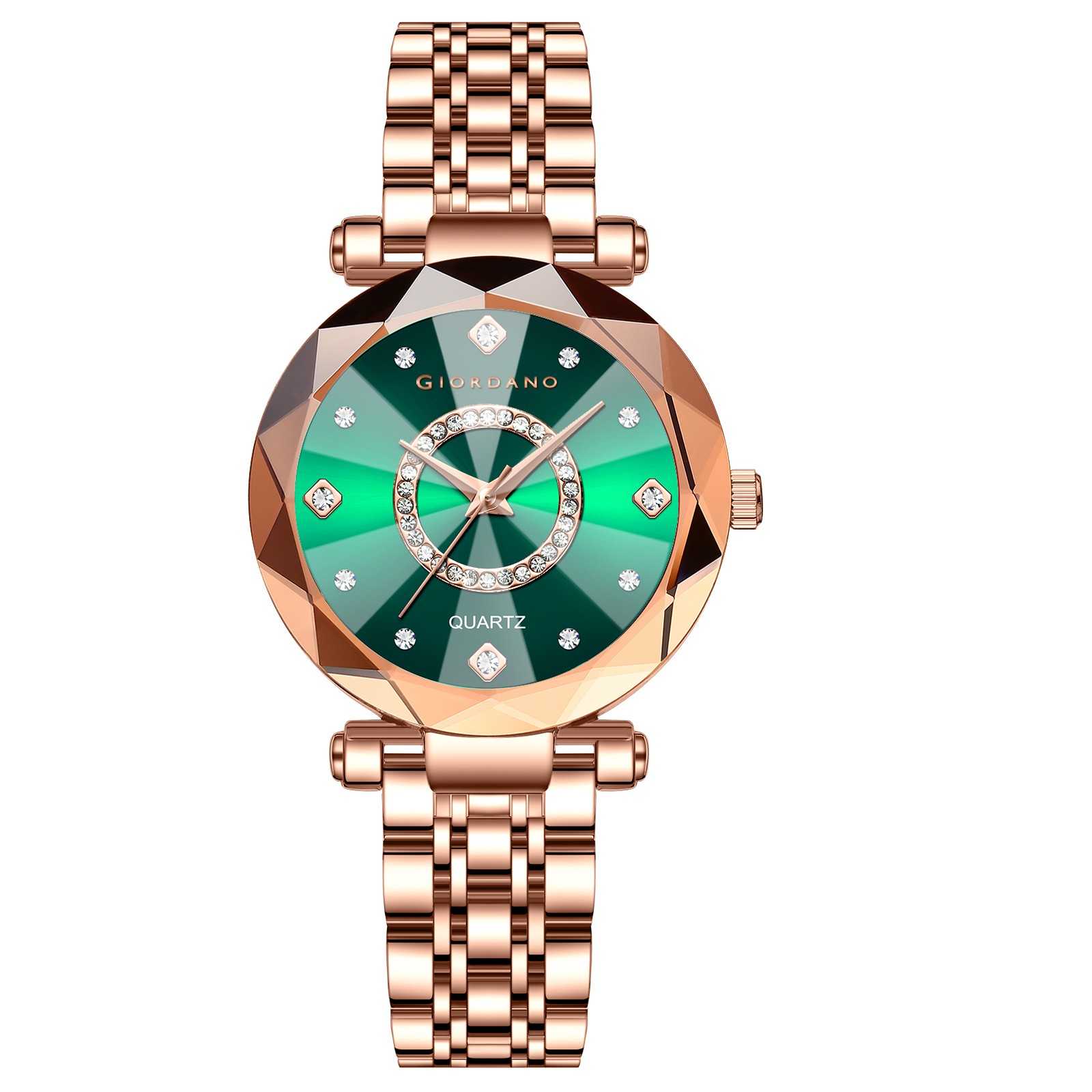 Giordano Analog Watch for Women – Round Dial with Crystal Accents, Rose Gold Stainless Steel Strap, Elegant Timepiece - GZ-60138-33