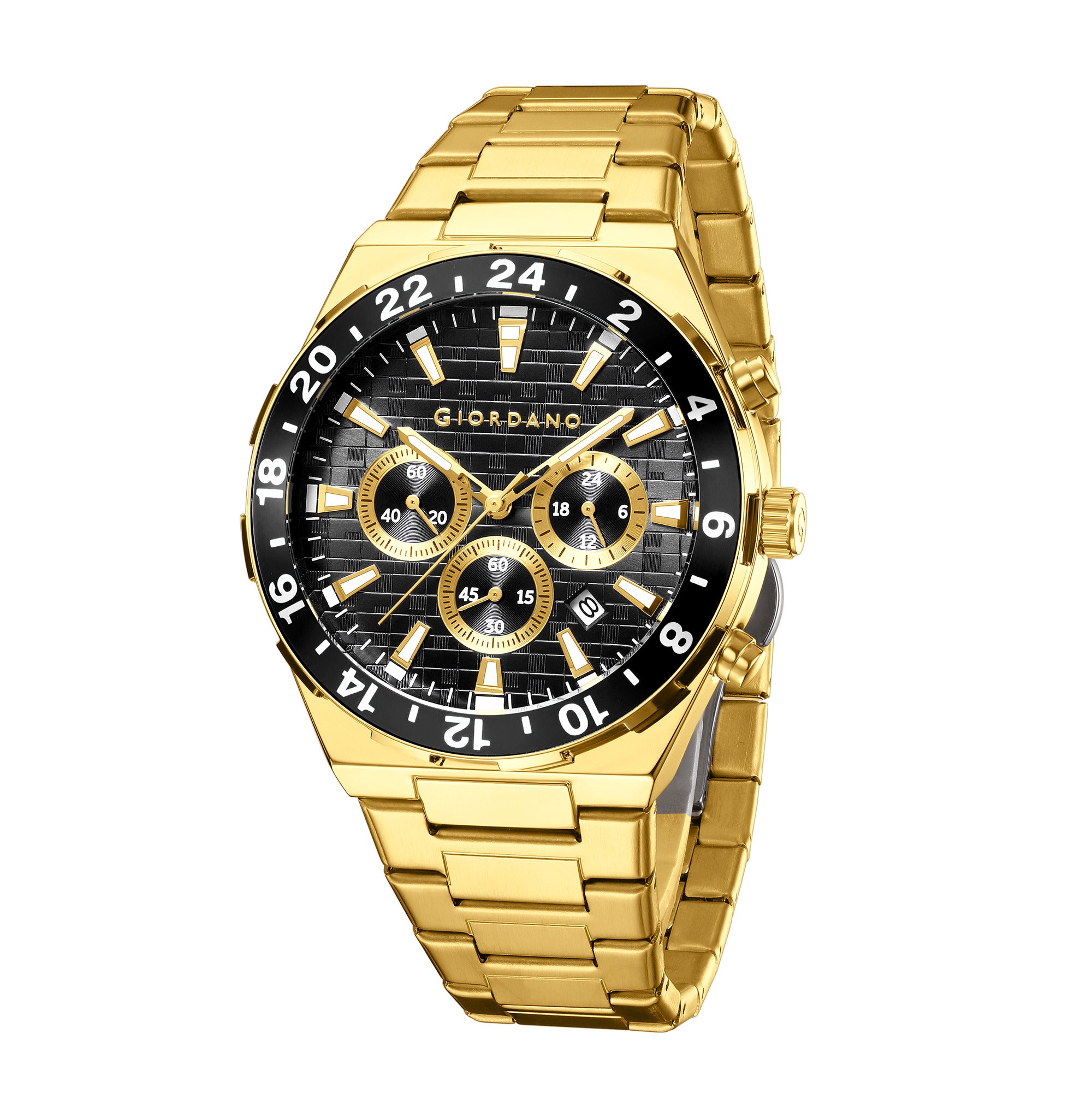 Giordano Chronograph Watch for Men with Texured Round Black Dial with Gold Accents, Date Display and Tachymeter Bezel, Gold Stainless Steel Strap - GZ-50198-44