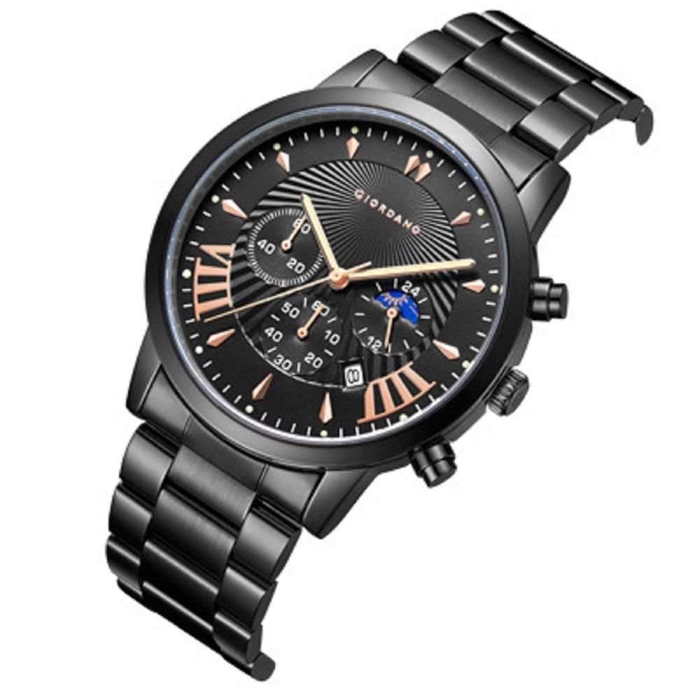 Giordano Black  Stylish Multifunctional Watch for Men with Roman Indices and Stainless Steel Strap  GZ-50056-33A