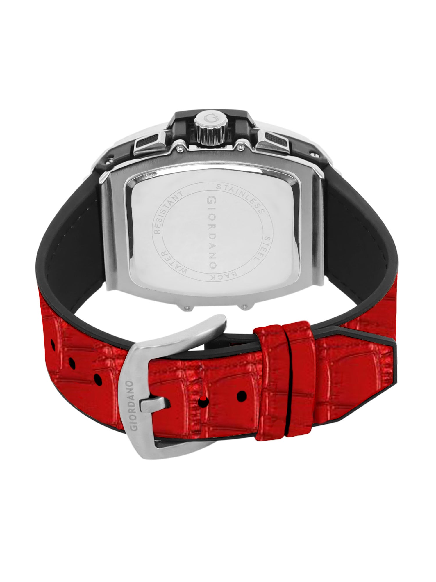 Giordano Terminator Red Leather Multifunction Watch for men - with Day, Date, and 24-Hour Sub-Dials | Water Resistant Square Dial Unique Design Wrist Watch for Man | GZ-50098-04