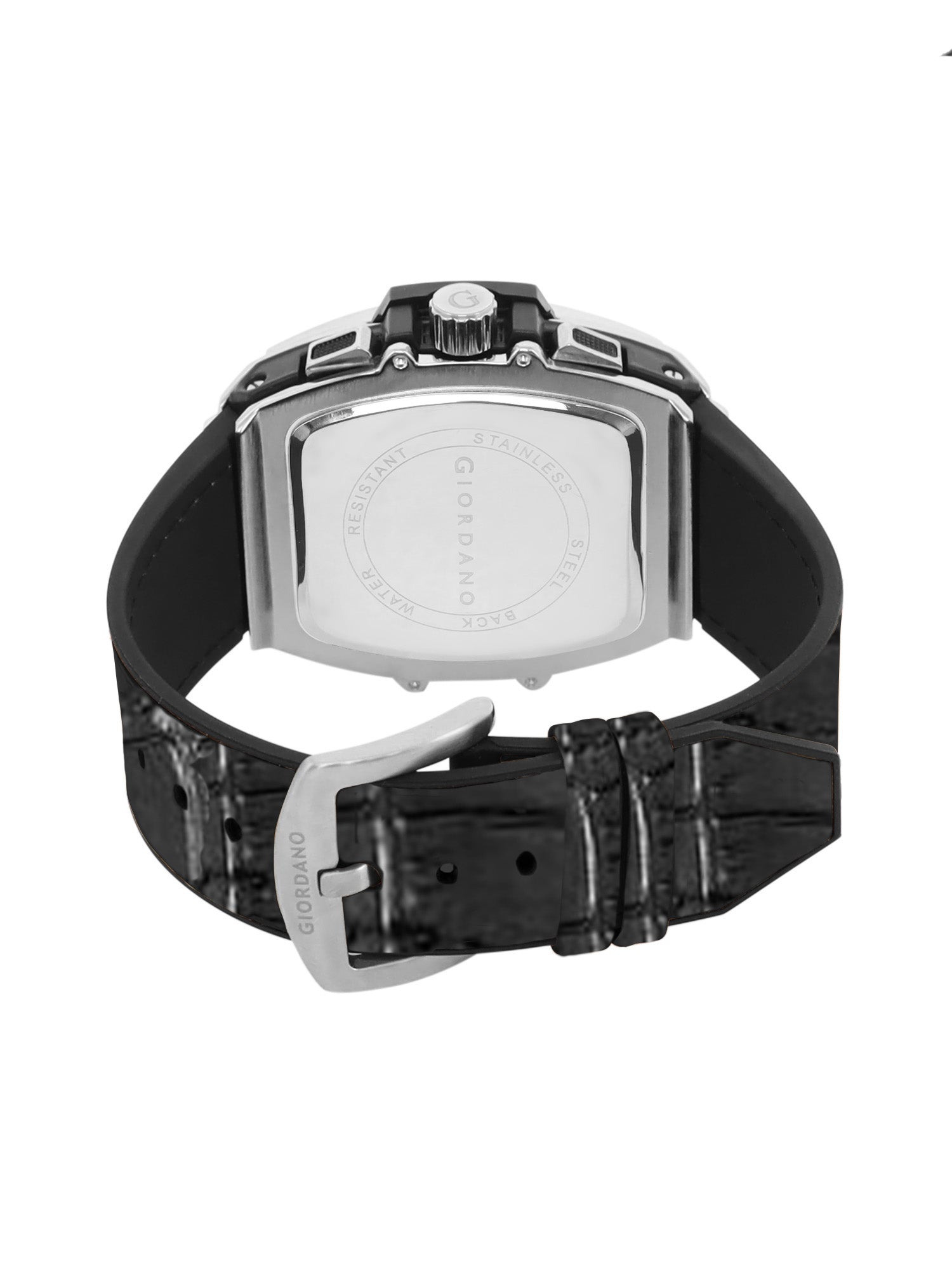 Giordano Terminator Grey Leather Multifunction Watch for men - with Day, Date, and 24-Hour Sub-Dials | Water Resistant Square Dial Unique Design Wrist Watch for Man | GZ-50098-07