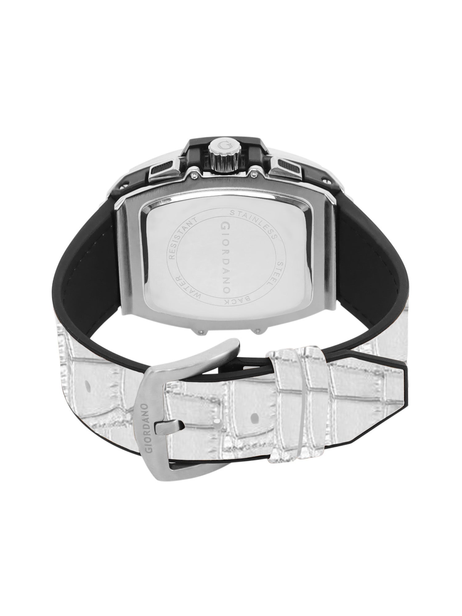 Giordano Terminator White Leather Multifunction Watch for men - with Day, Date, and 24-Hour Sub-Dials | Water Resistant Square Dial Unique Design Wrist Watch for Man | GZ-50098-06