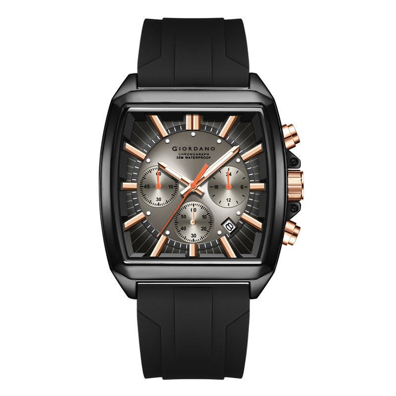 Giordano Black Modern Square Face Chronograph Watch for Men with Rose Gold Accents,Silicon Strap & Date Display GZ-50124-01