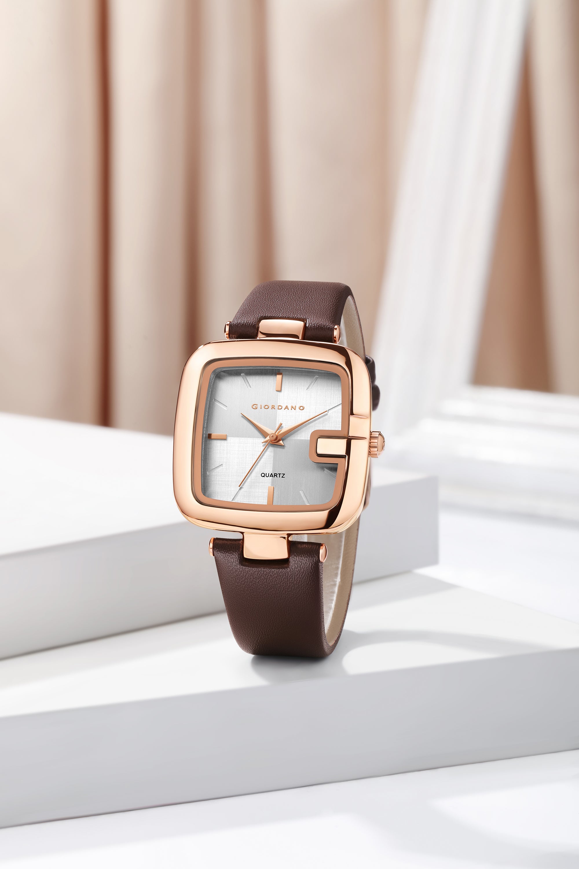 Giordano Square Dial Watch for women with leather strap and Premium Quartz moevment-GZ-60089-02