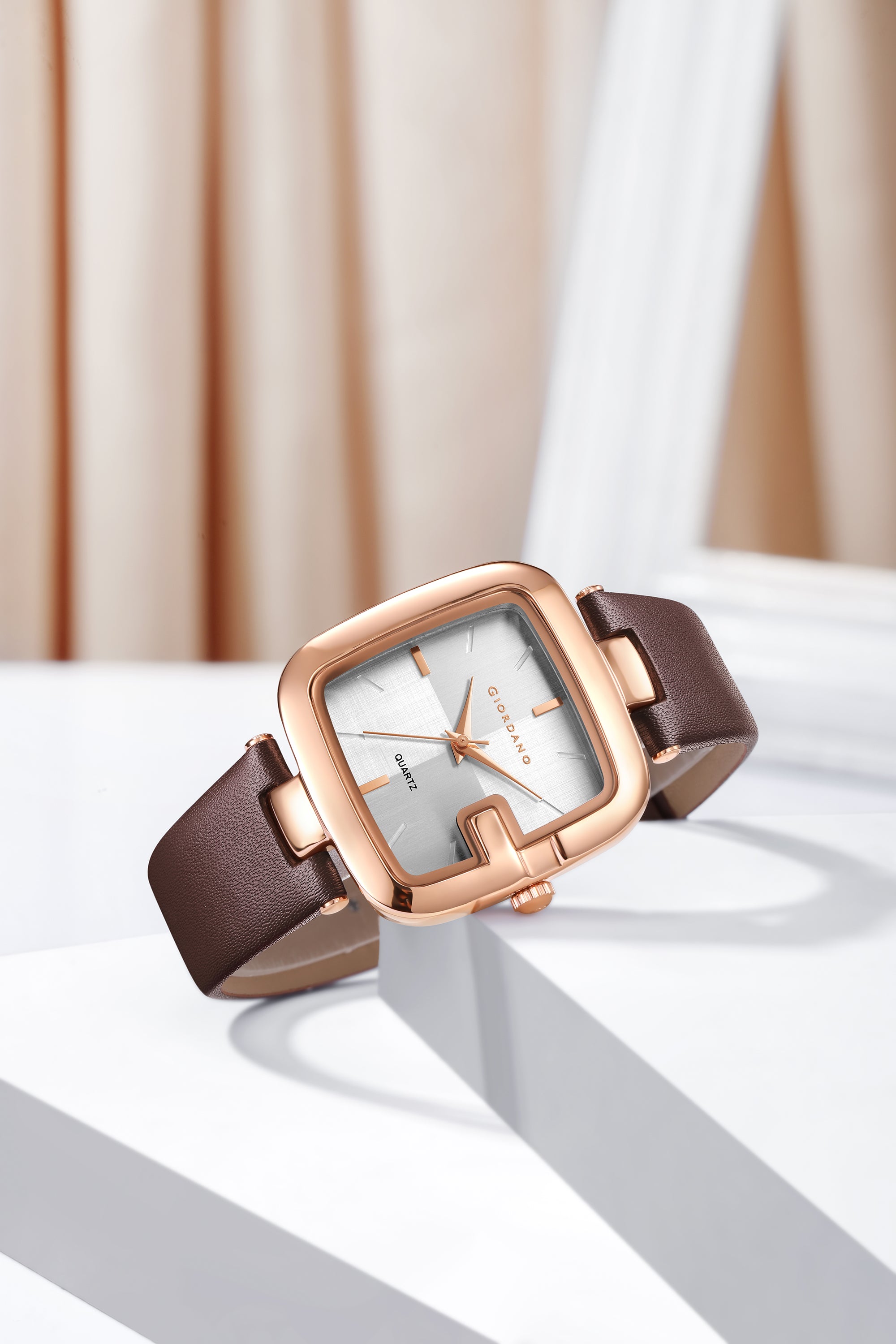 Giordano Square Dial Watch for women with leather strap and Premium Quartz moevment-GZ-60089-02