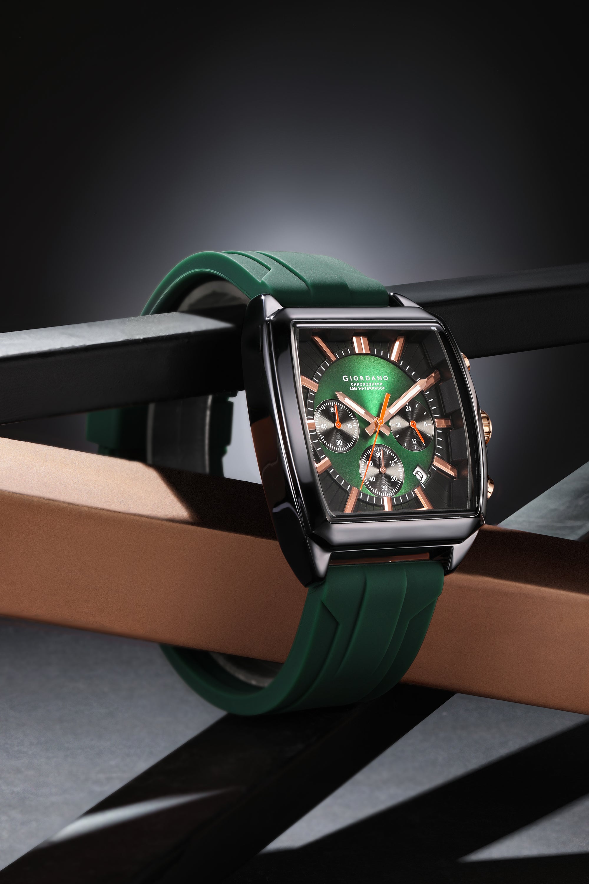 Giordano Black Modern Square Face Chronograph Watch for Men with Rose Gold Accents,Silicon Strap & Date Display GZ-50124-02