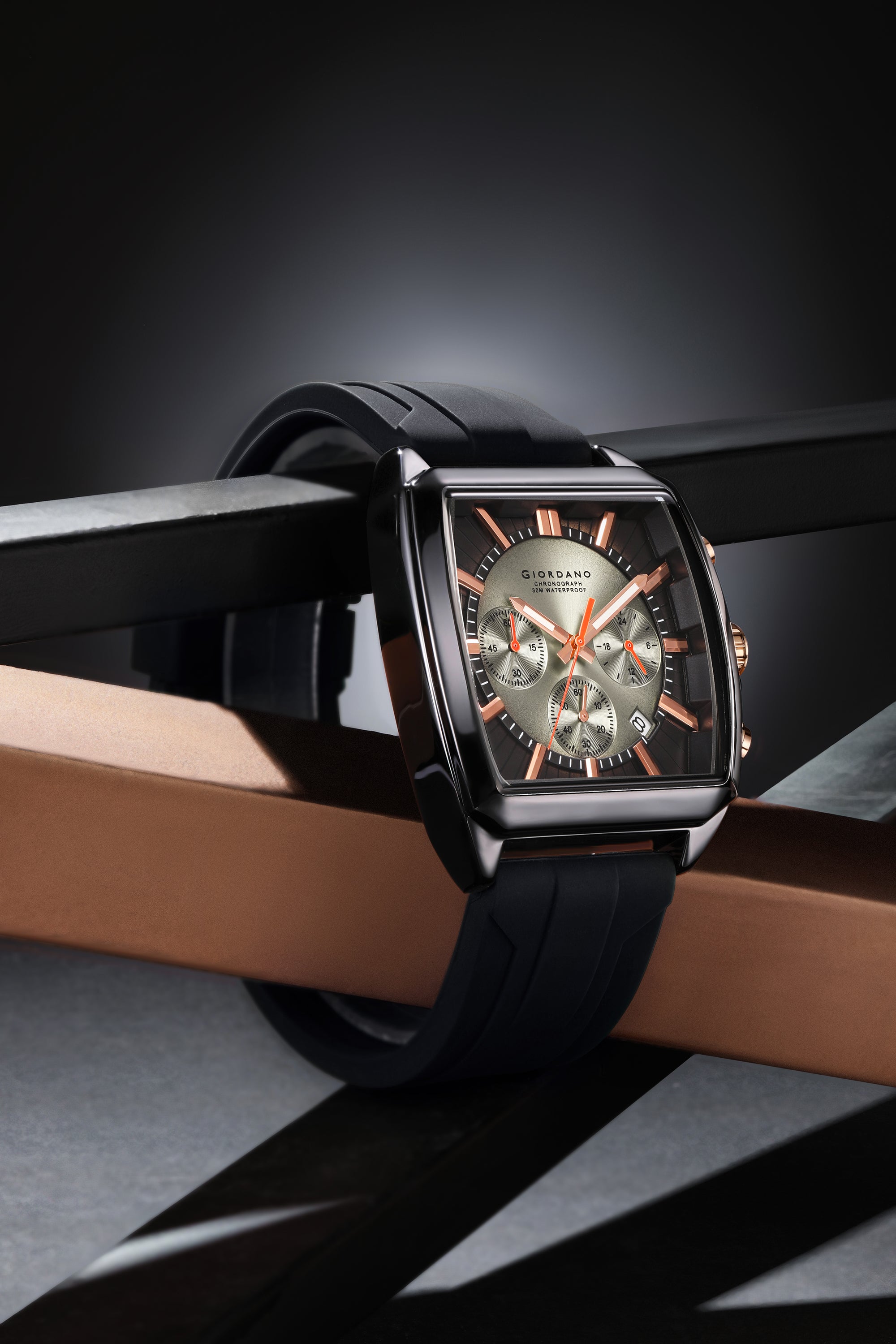 Giordano Black Modern Square Face Chronograph Watch for Men with Rose Gold Accents,Silicon Strap & Date Display GZ-50124-01