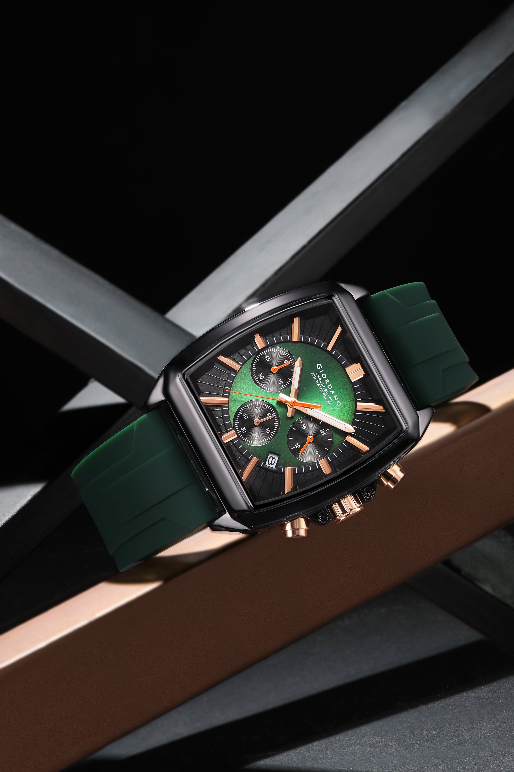 Giordano Black Modern Square Face Chronograph Watch for Men with Rose Gold Accents,Silicon Strap & Date Display GZ-50124-02