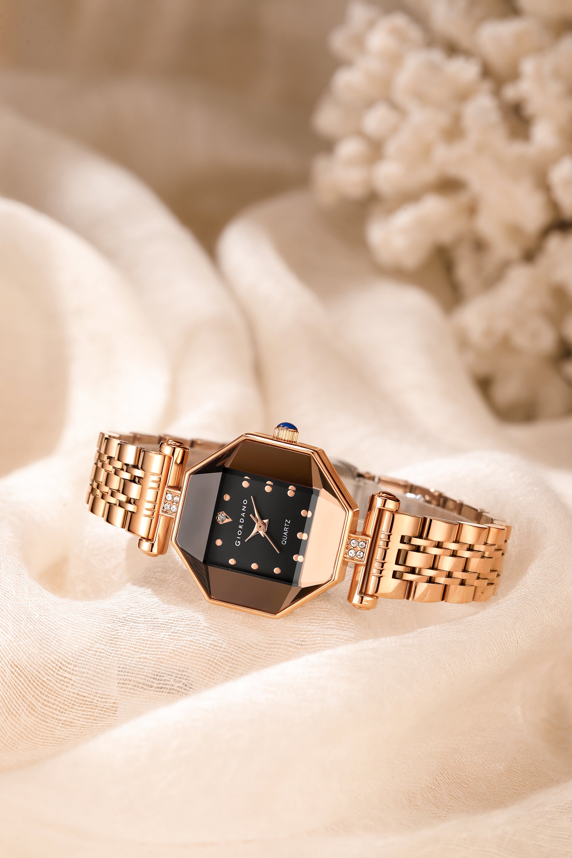 Giordano Dress Watch for Women – Rose Gold Finish, Diamond Accented Octagonal Dial & Stainless Steel Strap | GZ-60096-11