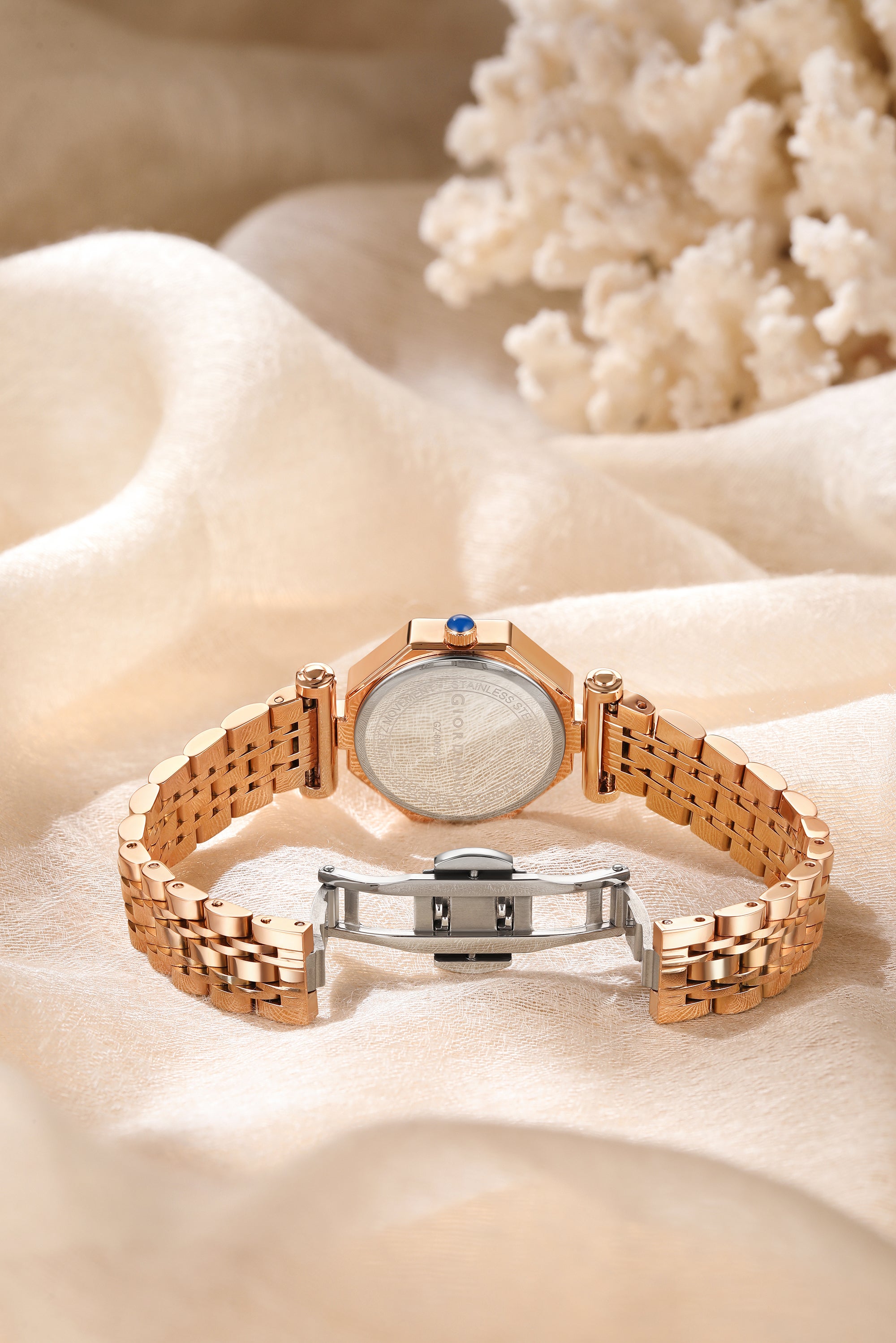 Giordano Dress Watch for Women – Rose Gold Finish, Diamond Accented Octagonal Dial & Stainless Steel Strap | GZ-60096-22