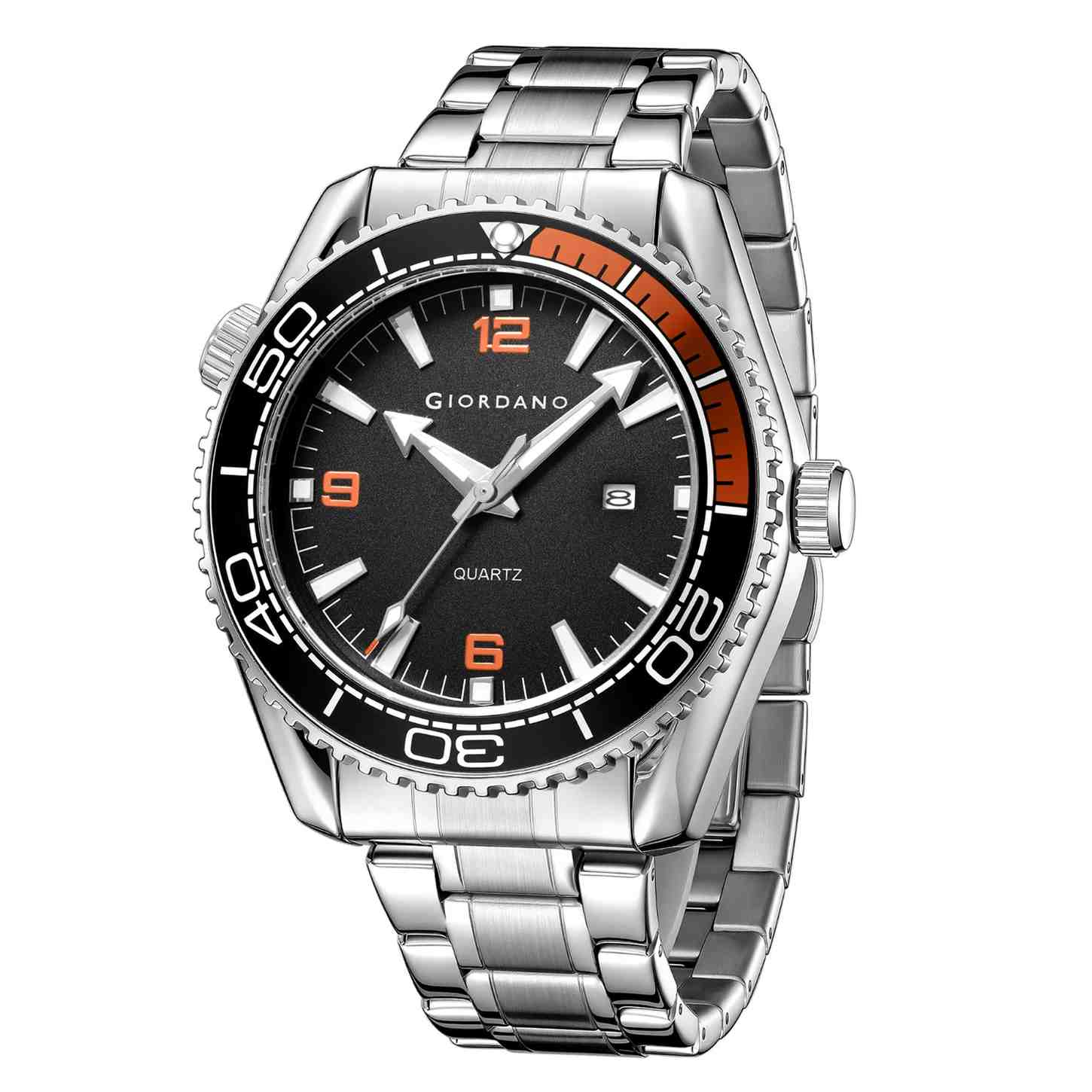 Giordano Analog Quartz Watch for Men – Round Dial with Rotating Bezel, Luminous Hour Markers, Silicone & Stainless Steel Strap, Date Display GZ-50159-11