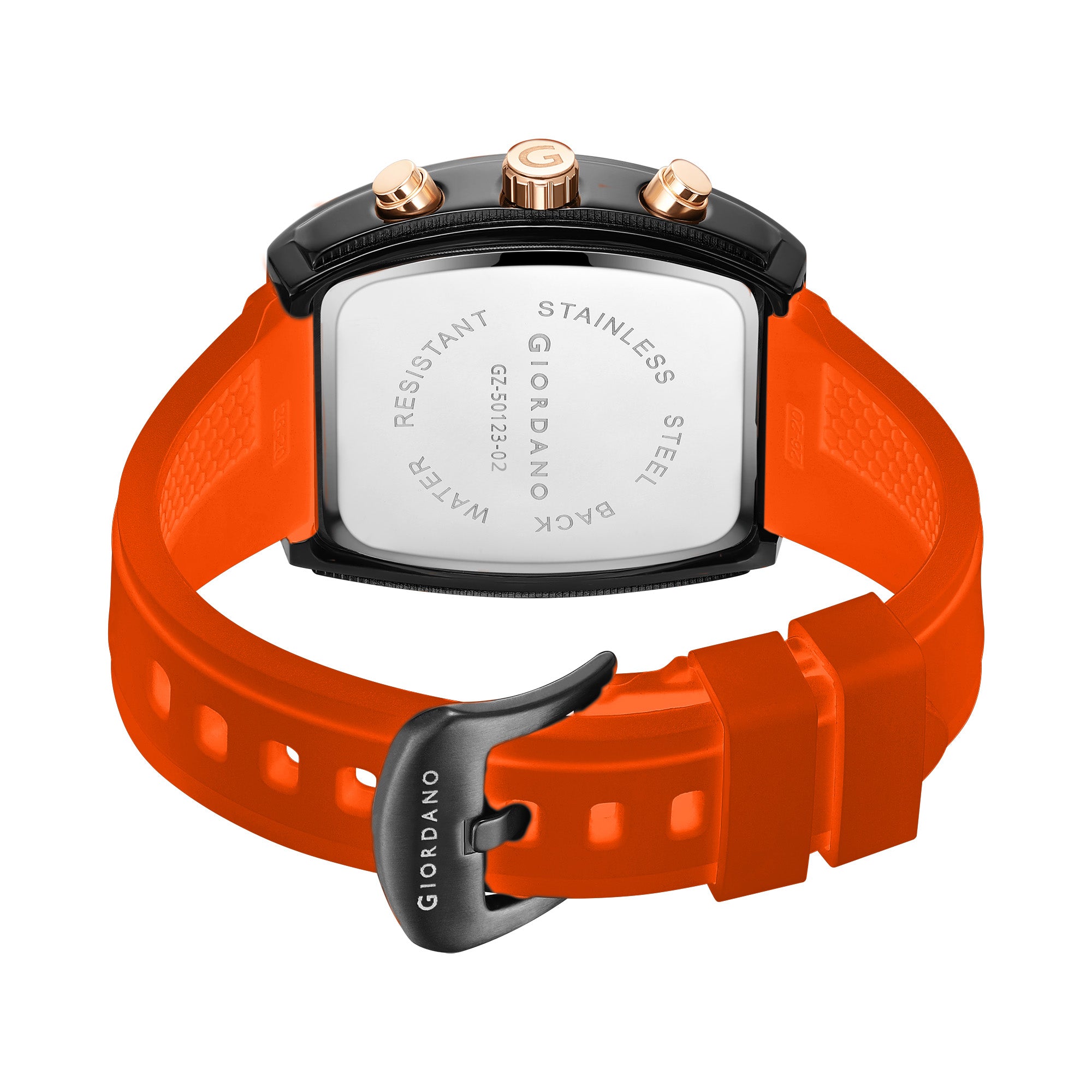 पुरुषों के लिए जियोर्डानो ऑरेंज स्क्वायर डायल मल्टीफ़ंक्शनल वॉच आकर्षक डिज़ाइन, वॉटरप्रूफ, डेट डिस्प्ले और सिलिकॉन स्ट्रैप GZ-50123-02 के साथ