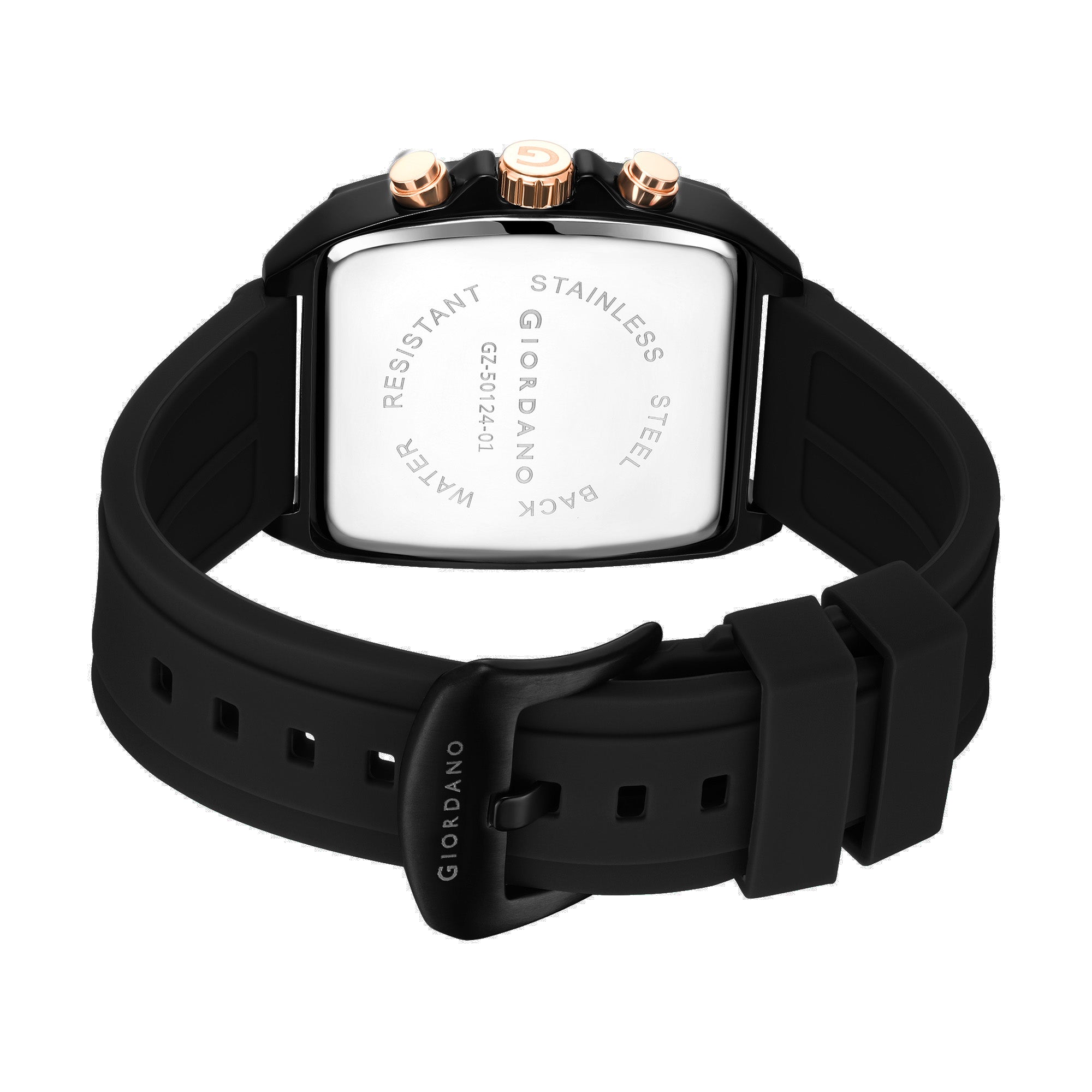 Giordano Black Modern Square Face Chronograph Watch for Men with Rose Gold Accents,Silicon Strap & Date Display GZ-50124-01