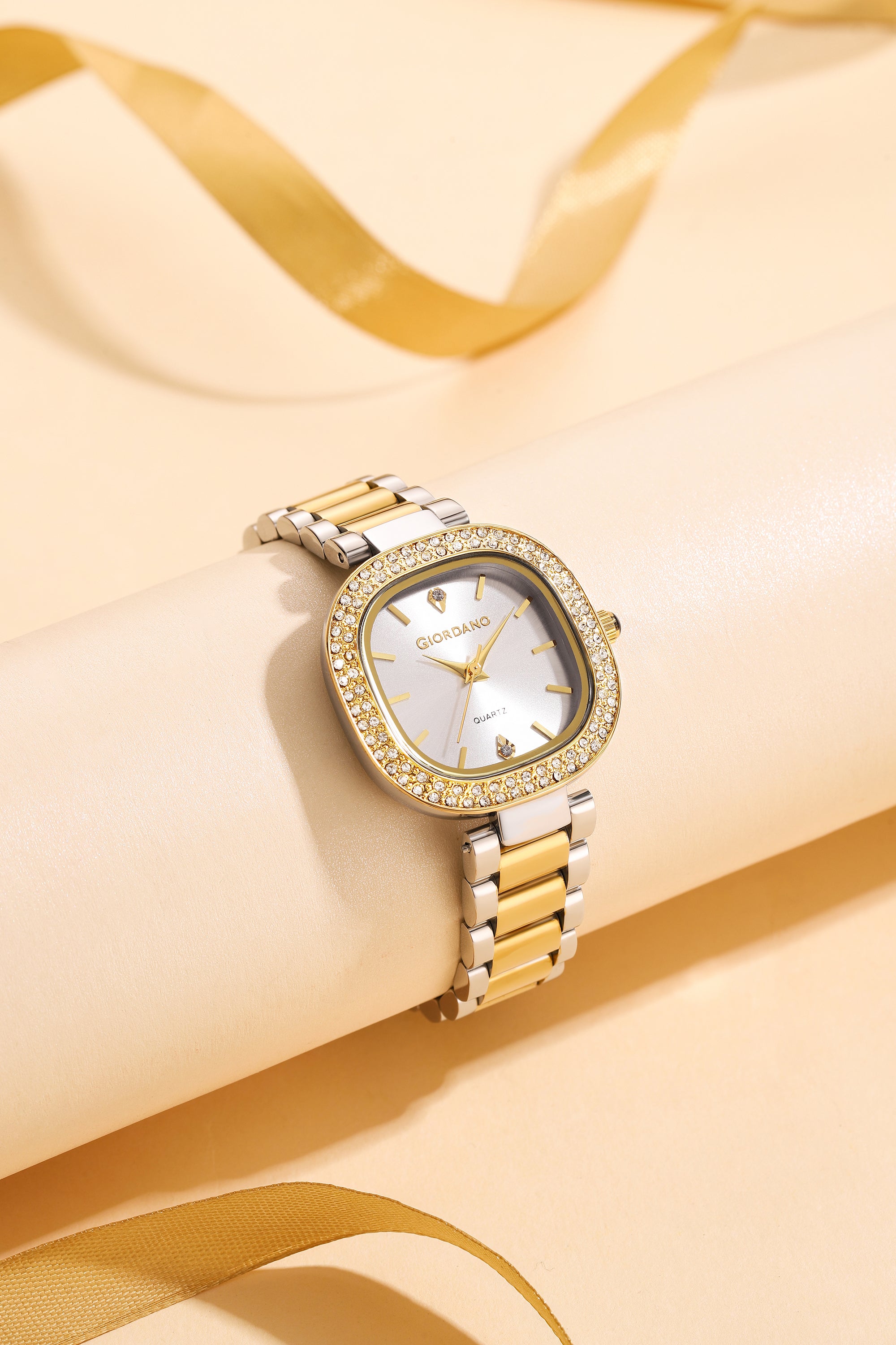 Giordano Analog Quartz Watch for Women with Bangle Square White Dial, Blue Crown, Crystal Studded Hour Markers and Bezel, Silver and Gold Stainless Steel Strap - GZ-60166-11