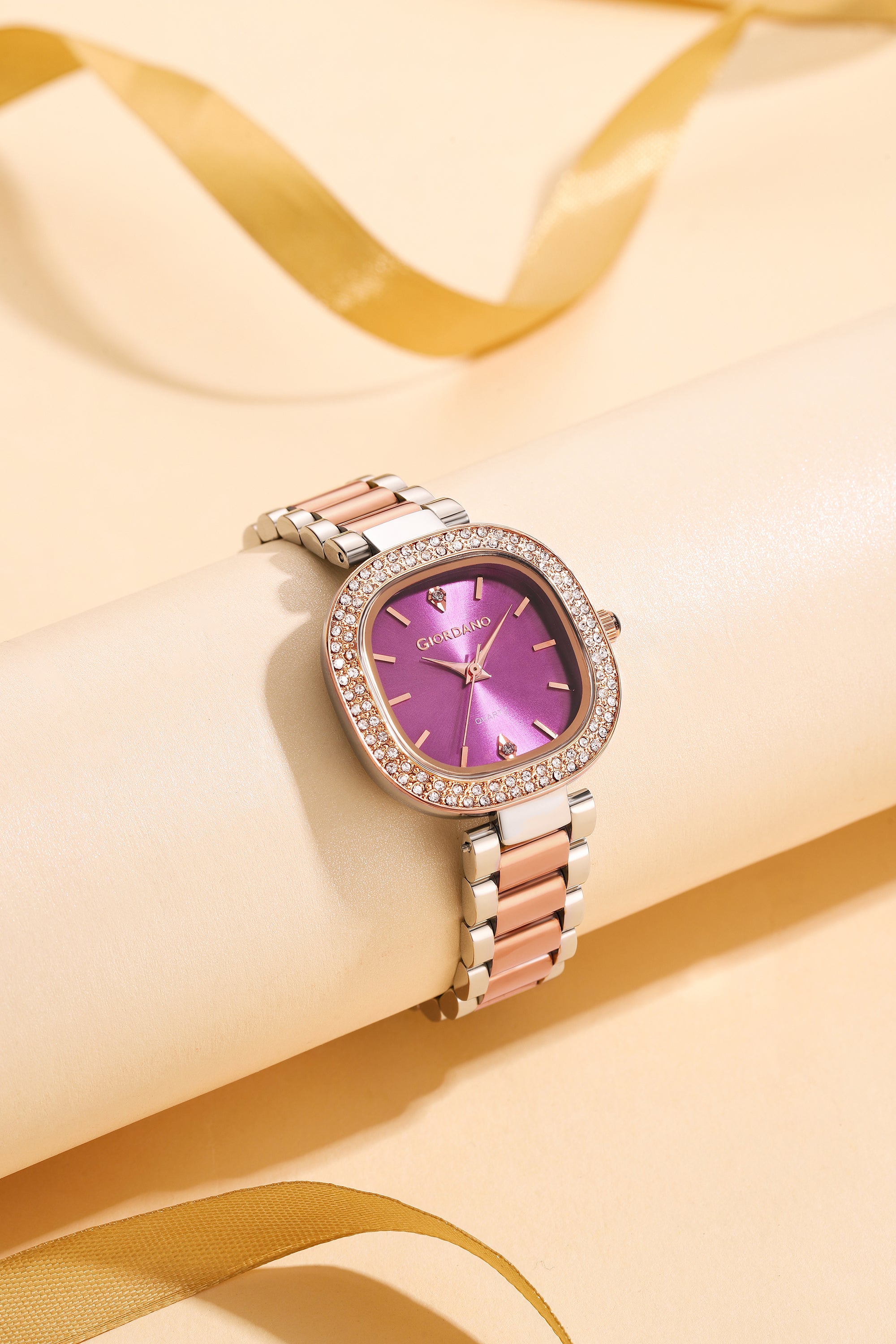 Giordano Analog Quartz Watch for Women with Bangle Square Purple Dial, Blue Crown, Crystal Studded Hour Markers and Bezel, Silver and Rose Gold Stainless Steel Strap - GZ-60166-22