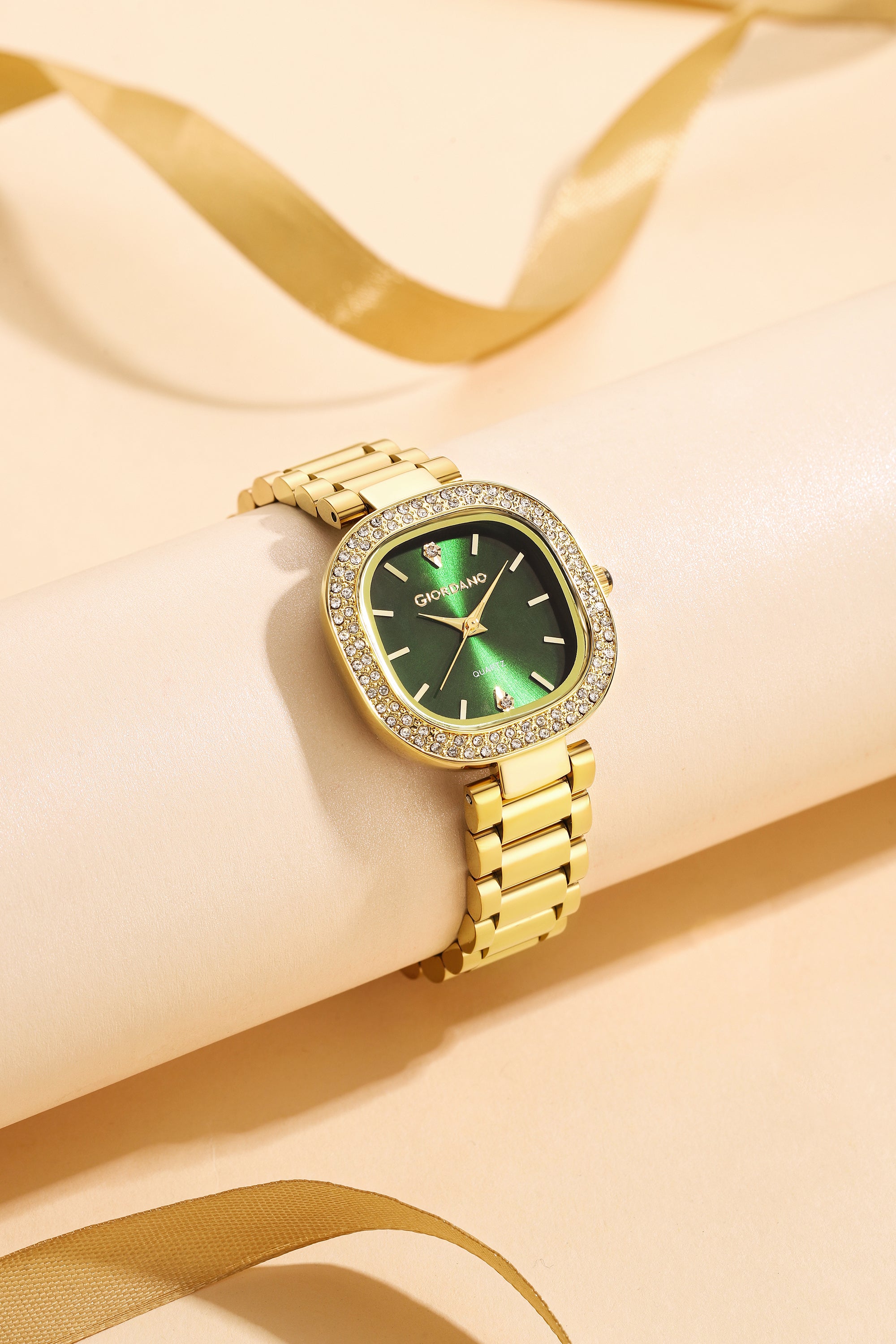 Giordano Analog Quartz Watch for Women with Bangle Square Green Dial, Blue Crown, Crystal Studded Hour Markers and Bezel, Gold Stainless Steel Strap - GZ-60166-33