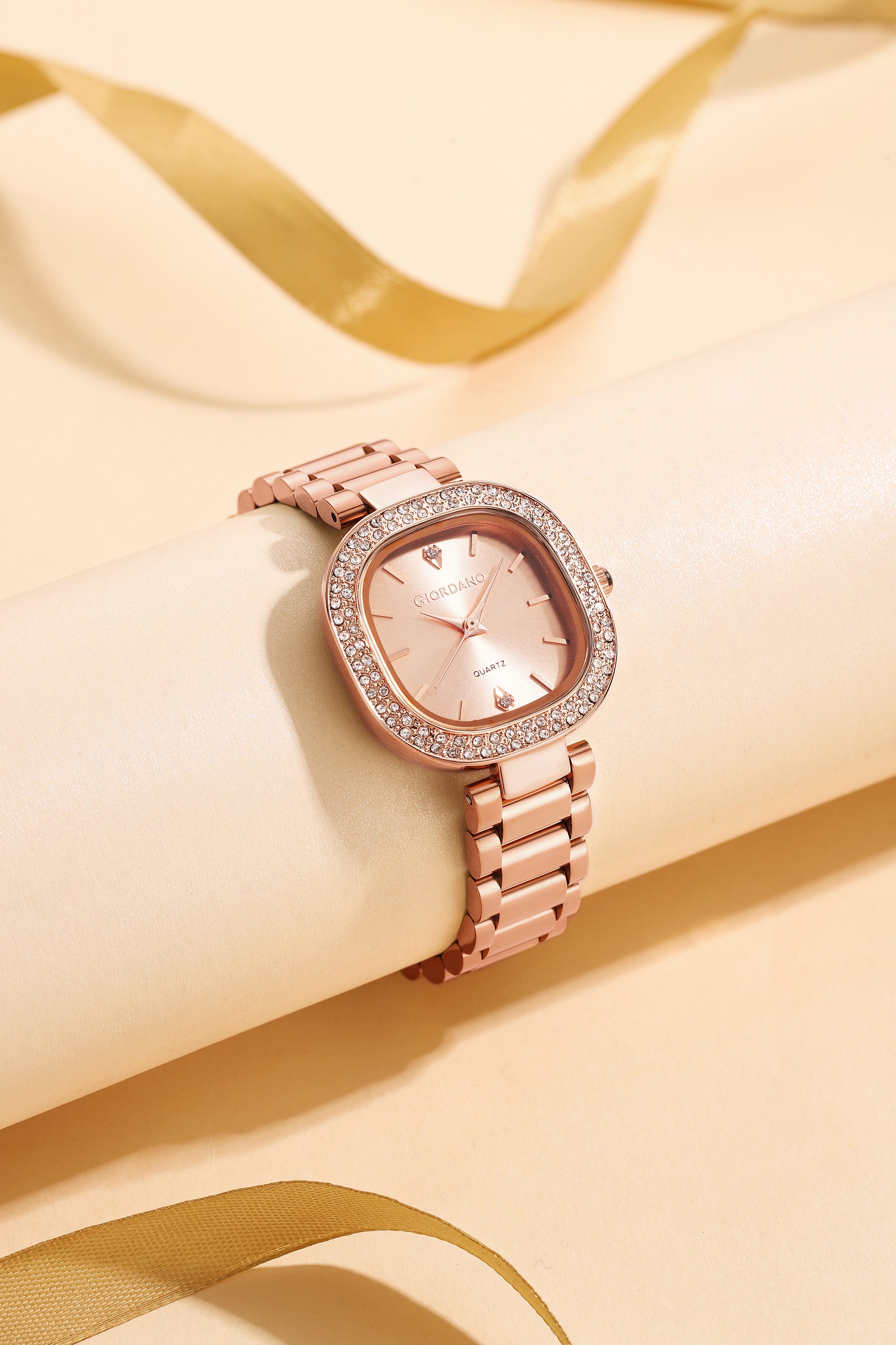 Giordano Analog Quartz Watch for Women with Bangle Square Rose Gold Dial, Blue Crown, Crystal Studded Hour Markers and Bezel, Rose Gold Stainless Steel Strap - GZ-60166-44