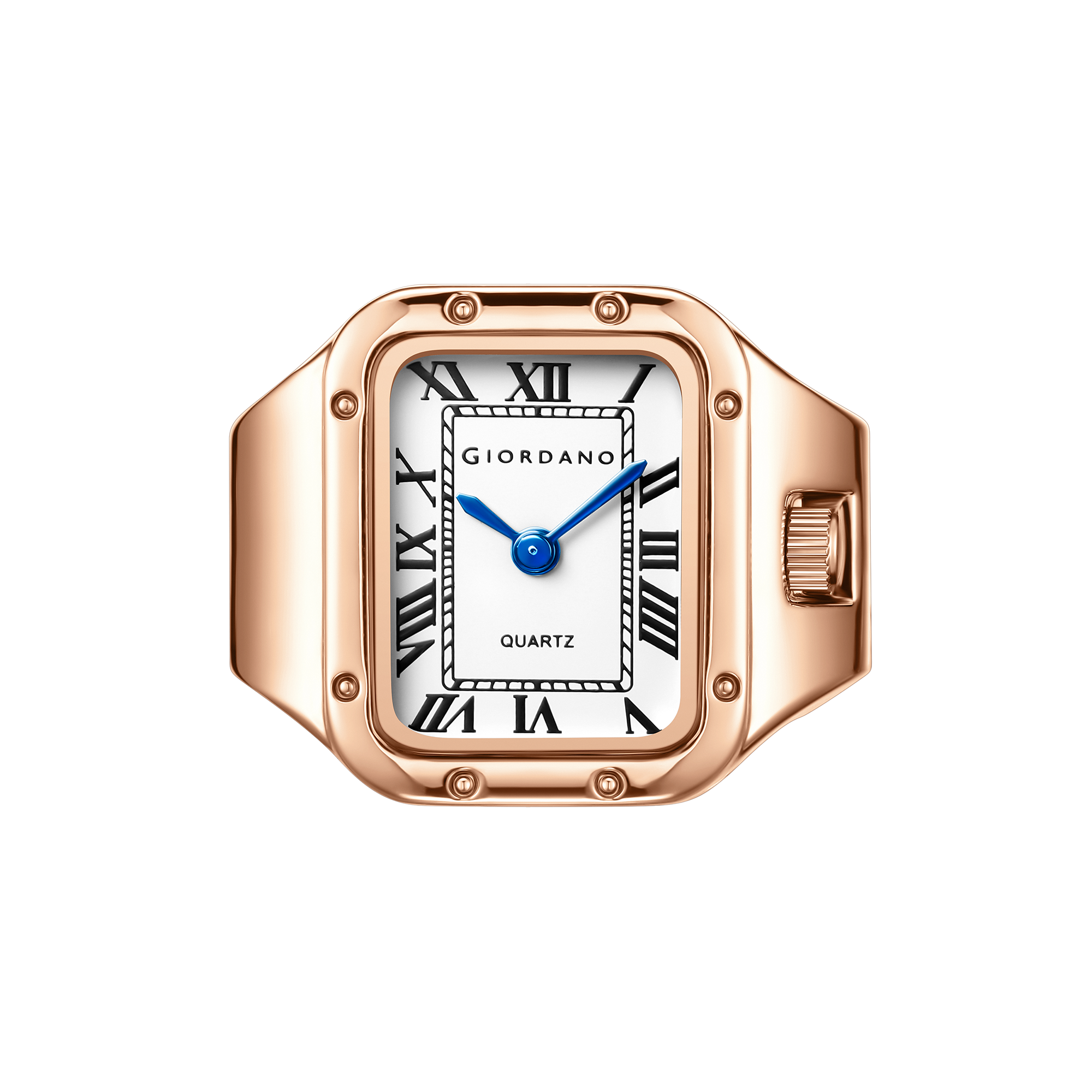 Giordano Analog Ring Watch for Women with Rectangular White Dial, Roman Numeral Markers, Blue Hands, Quartz Movement and Rose Gold-Tone Stainless Steel Case - GZ-60186-22